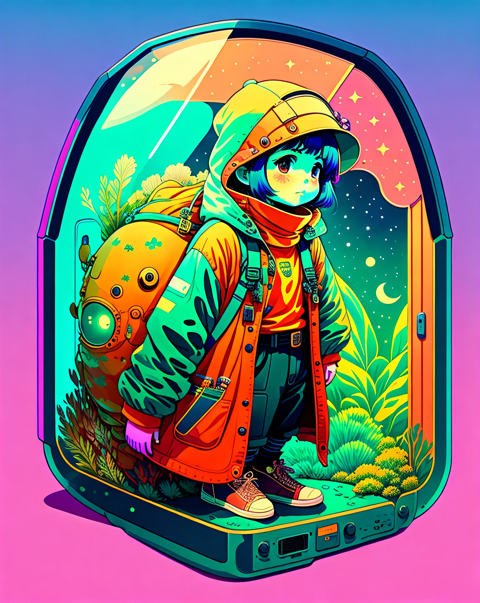 photo of a explorer with an axolotl as a pet inside the space with a psychedelic backgroun, style of laurie greasley, studio ghibli, akira toriyama, james gilleard, genshin impact, trending pixiv fanbox, acrylic palette knife, 4k, vibrant colors, devinart, trending on artstation, low details