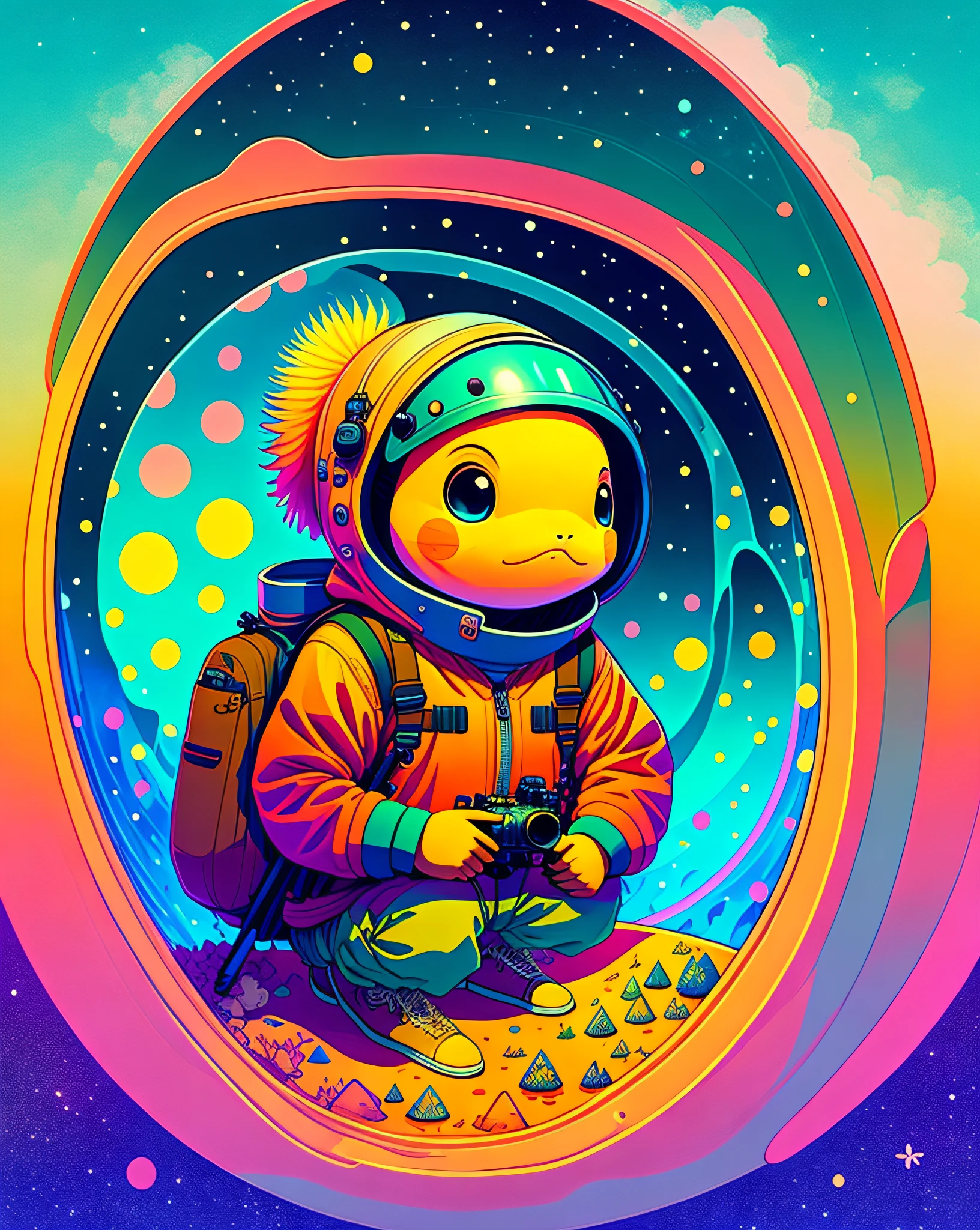 photo of a explorer with an axolotl as a pet inside the space with a psychedelic backgroun, style of laurie greasley, studio ghibli, akira toriyama, james gilleard, genshin impact, trending pixiv fanbox, acrylic palette knife, 4k, vibrant colors, devinart, trending on artstation, low details