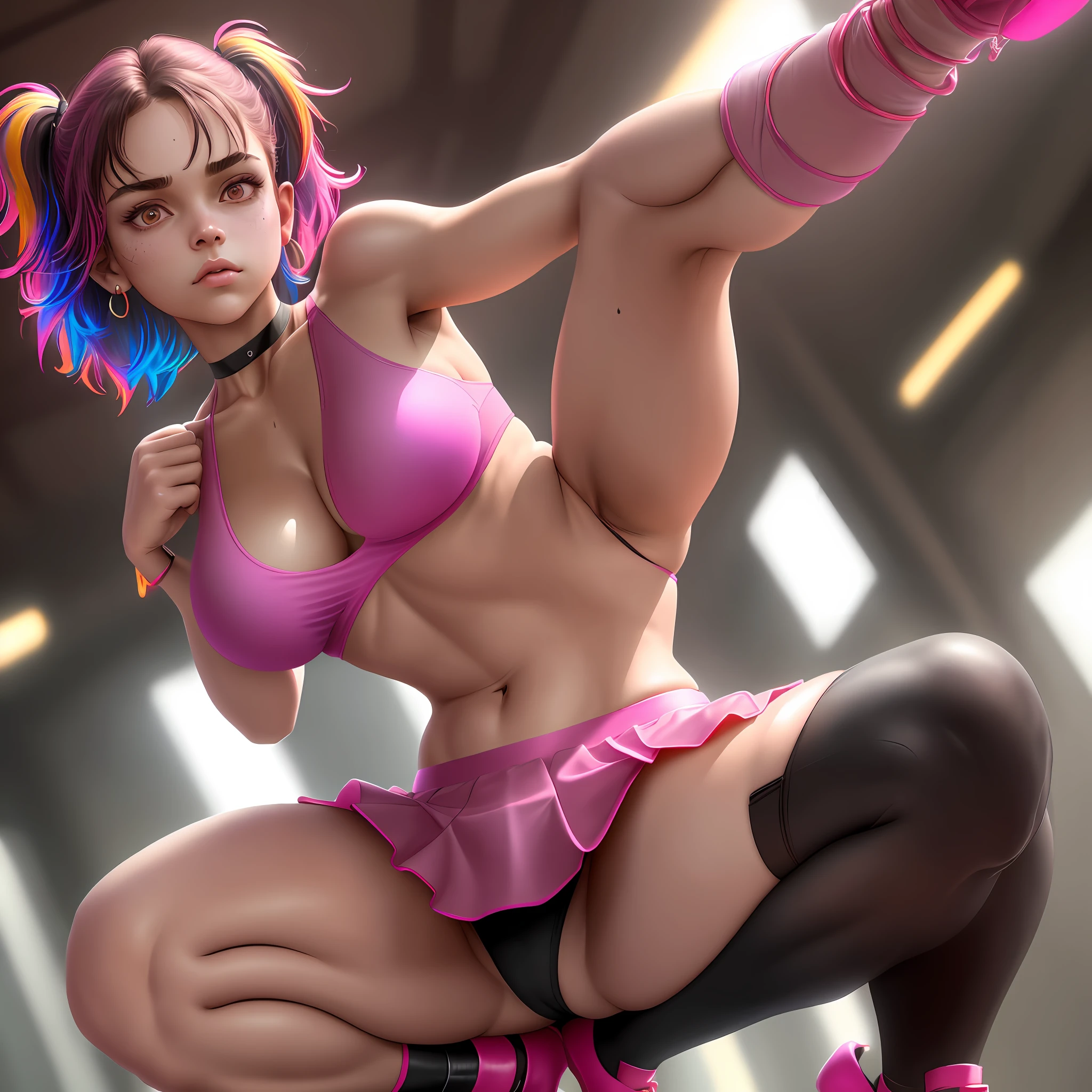 ((massive breasts, large breasts, tomboy girl, small head)), daylight, sunlight, (perfect body : 1.1), (young), (short wavy hair : 1.2) , choker, full body shot, crowded street, ((wearing a pink see-through tight wet tube crop top)), ((miniskirt)), (extremely detailed CG 8k wallpaper), (an extremely delicate and beautiful), (masterpiece), (best quality:1.0), (ultra highres:1.0), beautiful lighting ,stiff nipple, cameltoe, perfect lightning,pulling skirt, realistic shadows, [highres], detailed skin, ultra-detailed, spread thigh, one leg up, squatting on the floor, black thighhigh, red high heels, large earring, thighs, (((colorful))), (loosely worn top), beauty mark, angle from below
