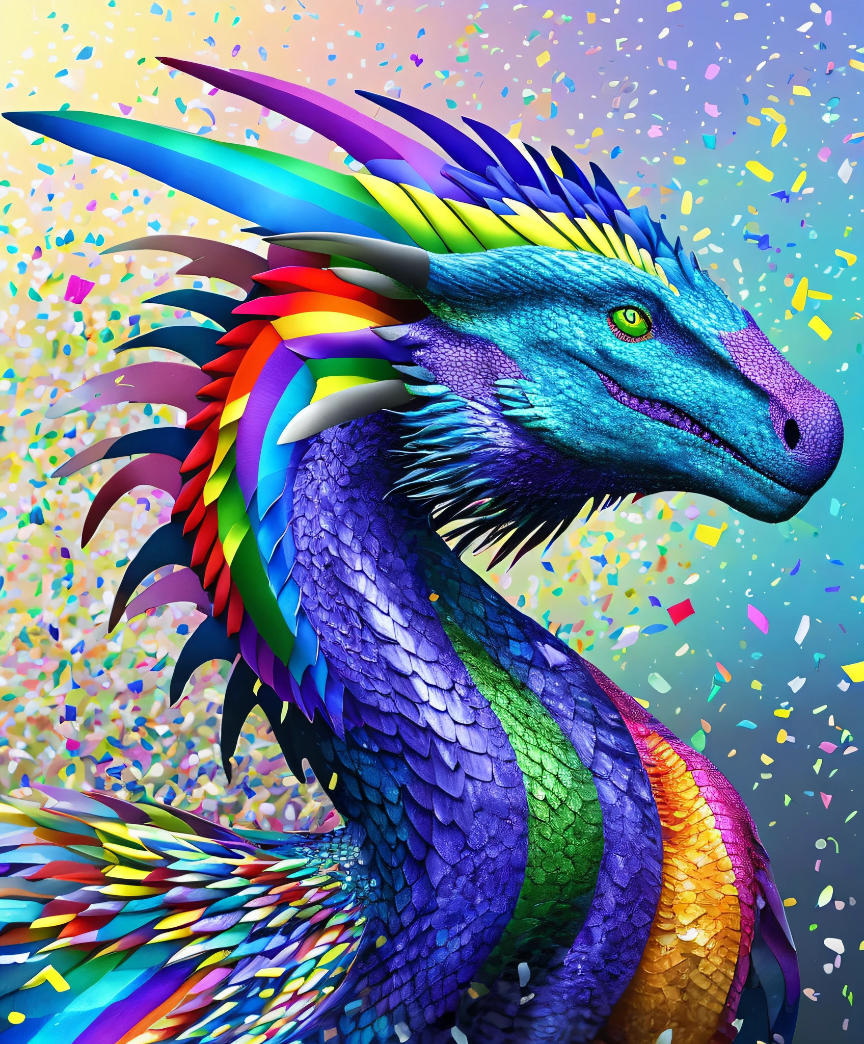 digital portrait masterpiece painting of a very colorful rainbow dragon, iridescent scales, confetti in the background