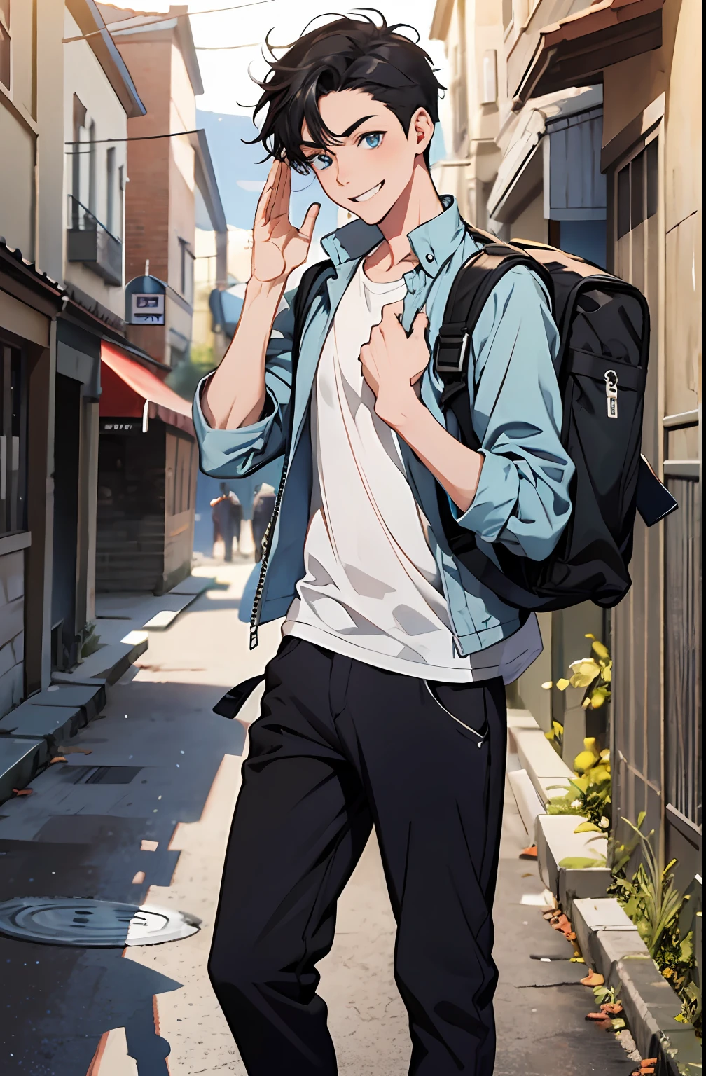 official art, ultra detailed, masterpiece, best quality, absurdres, highres, a boy with smile, BREAK, solo, handsome, one fang, short hair, black hair, blue eye, forehead, salute pose, playful, casual clothes, short pant, backpack, background is back alley, best light and shadow, look viewer