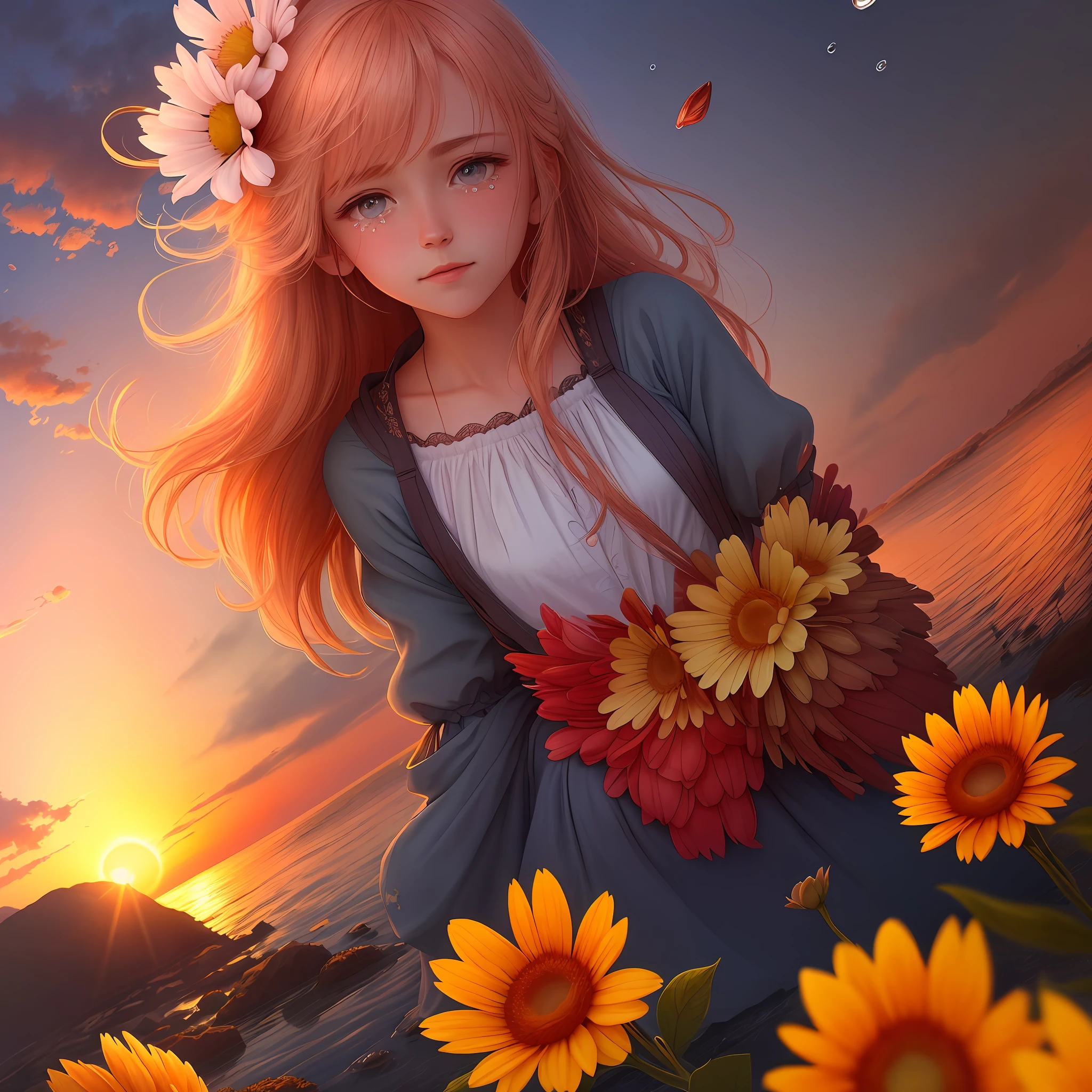 A beautiful flower with tears falling, evntos to the listoral and a beautiful sunset, perfect image in.8k