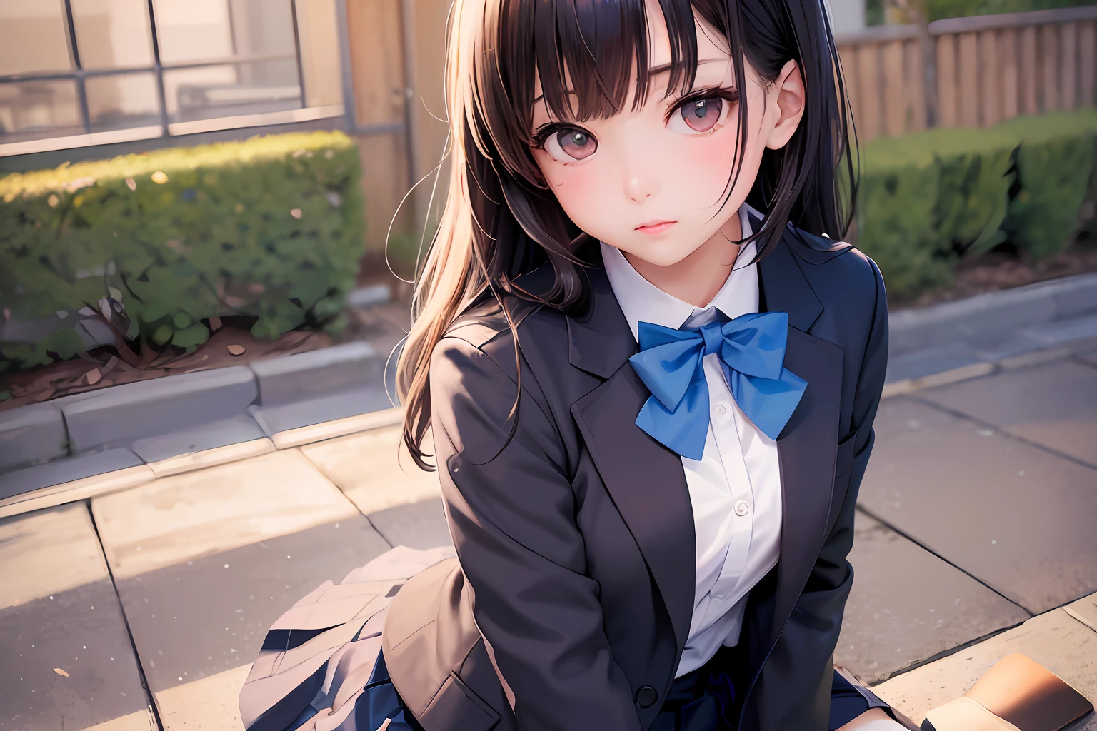 開けた服、(masterpiece, top quality, super detail), (illustration), (eyes of beautiful detail), (1 girl), (solo), black eyes, blush, skirt, bow, sitting, jacket, black hair, bow tie, blue bow, blazer, summer clothes, blue bow tie, Otonosaka school uniform, outdoor,