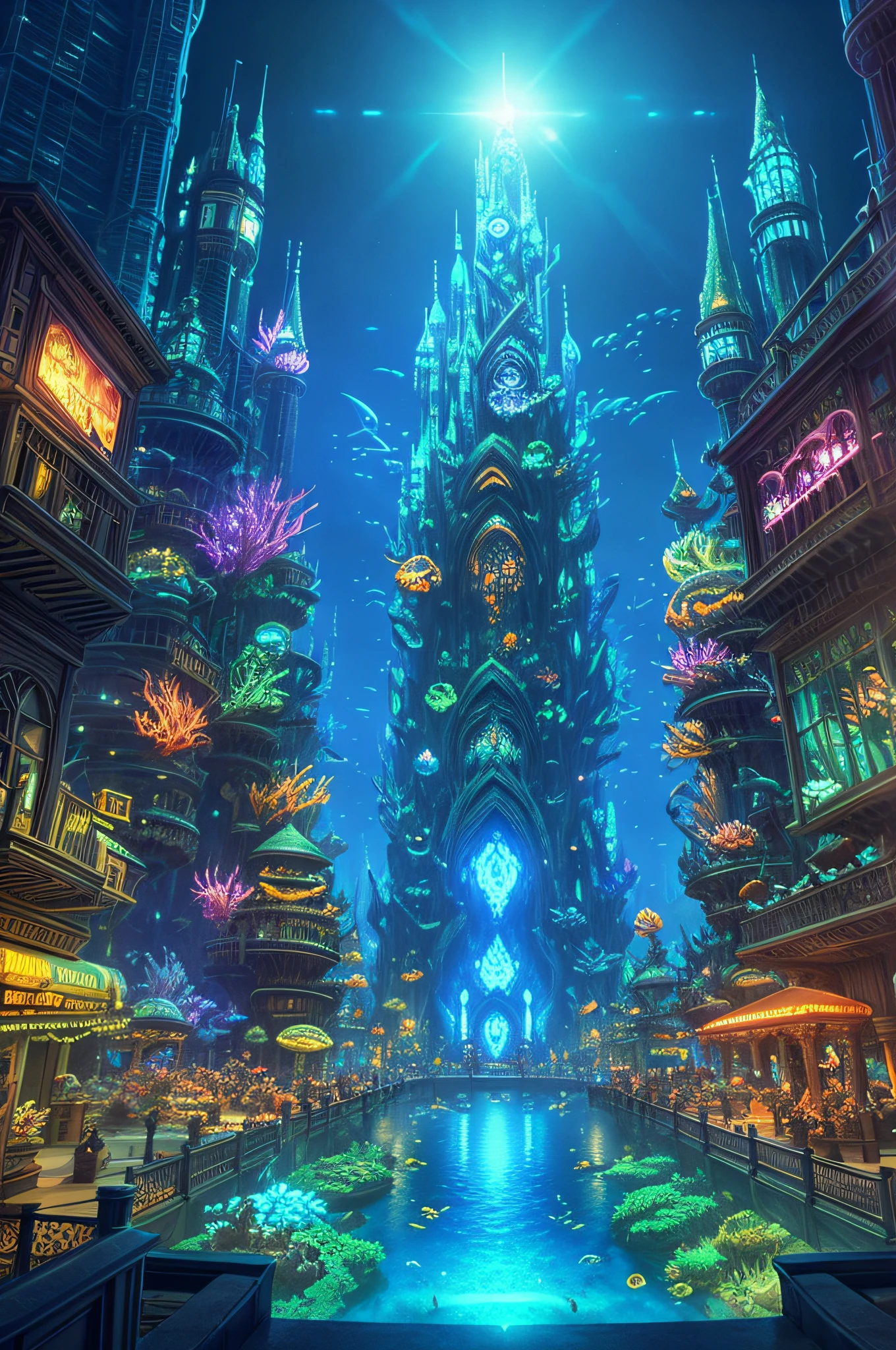 fantasy concept art, a transparent building as a huge aquarium containing fish at night, pretty lights decorations, wide shot, 8k octane render, photorealistic, epic shot, cinematic lighting, detailed building, detailed fish