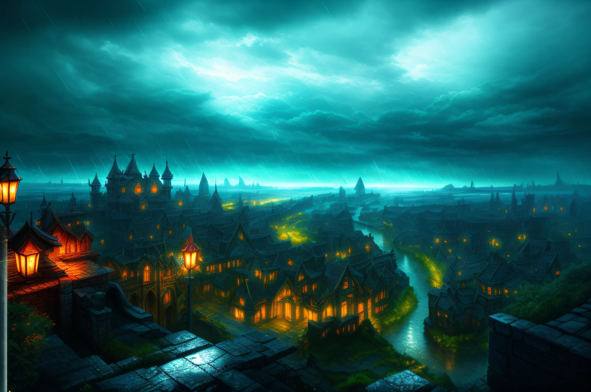 Kingdom's Edge, night and rain, [Style-Glorious], Style-Glass, dramatic, volumetric lighting, subsurface scattering, (highly detailed:1.2), painting,