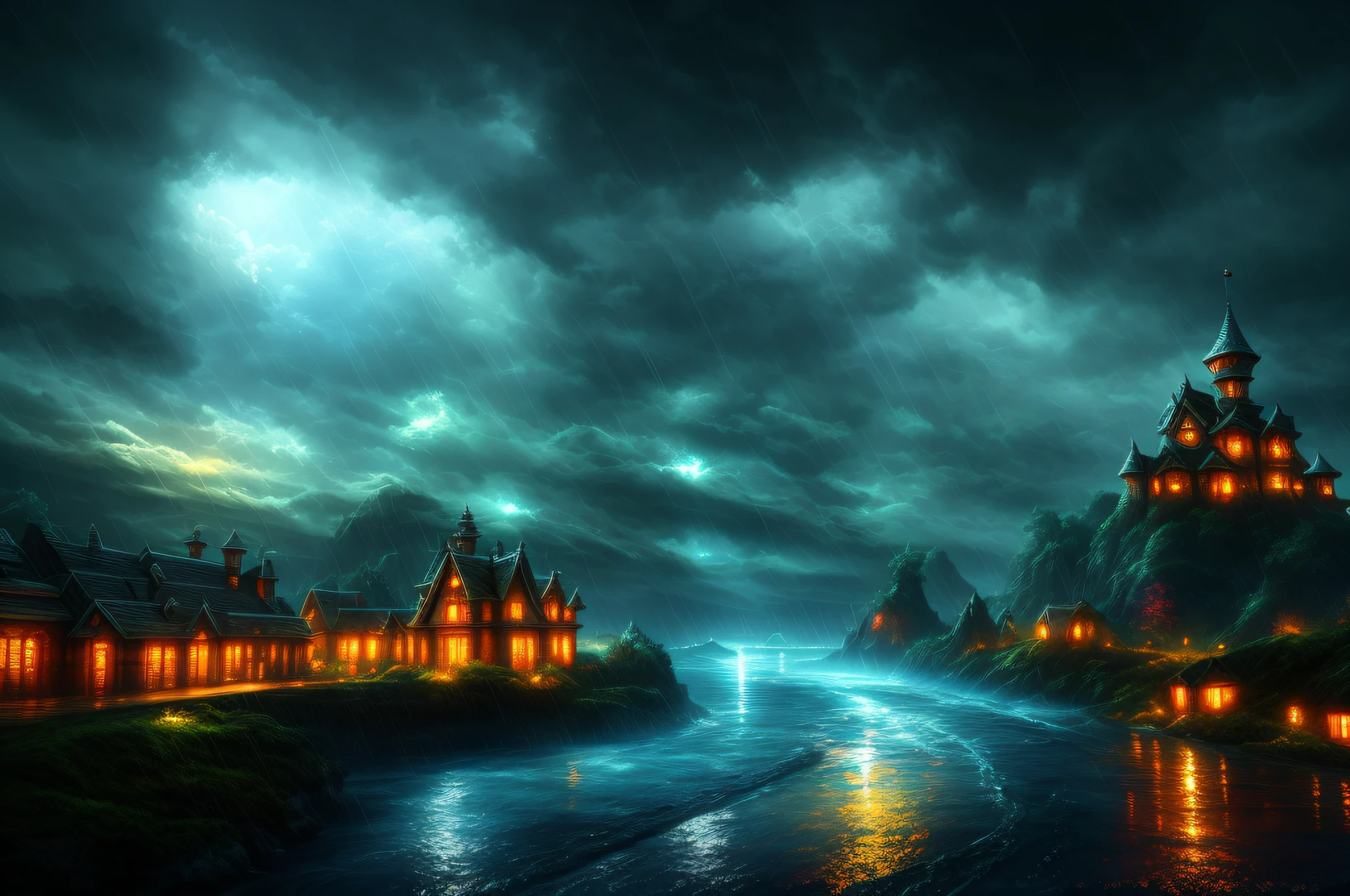 Kingdom's Edge, night and rain, [Style-Glorious], Style-Glass, dramatic, volumetric lighting, subsurface scattering, (highly detailed:1.2), painting,