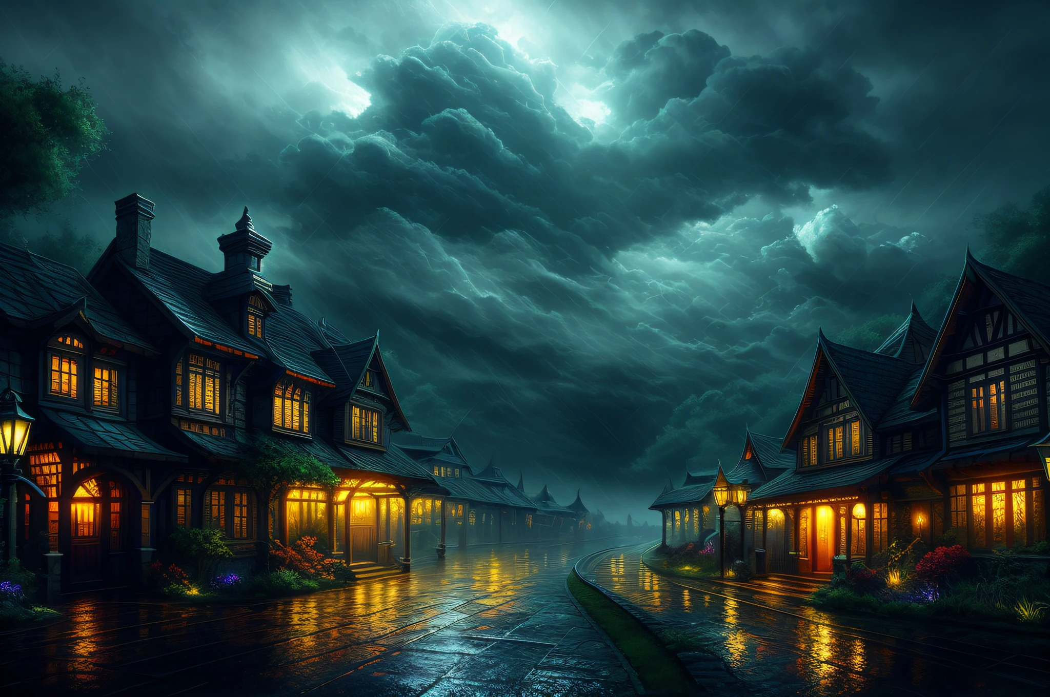 Kingdom's Edge, night and rain, [Style-Glorious], Style-Glass, dramatic, volumetric lighting, subsurface scattering, (highly detailed:1.2), painting,