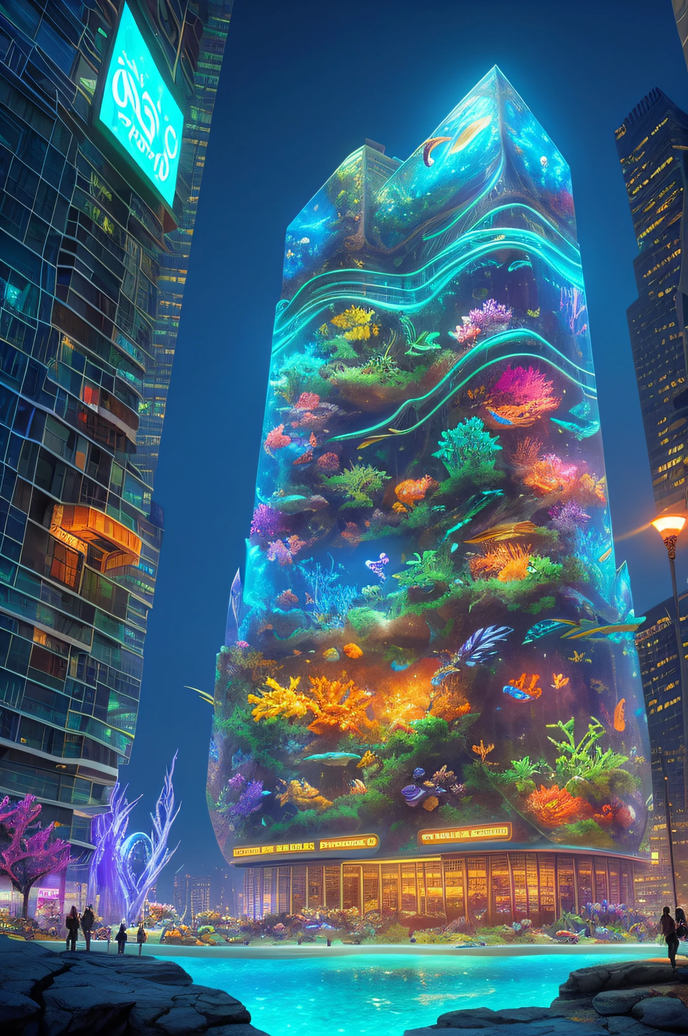 epic fantasy concept, a modern transparent building at night as a huge aquarium containing marine lifeforms, pretty colorful lights decorations, wide shot, 8k octane render, photorealistic, cinematic lighting, detailed building, detailed fish
