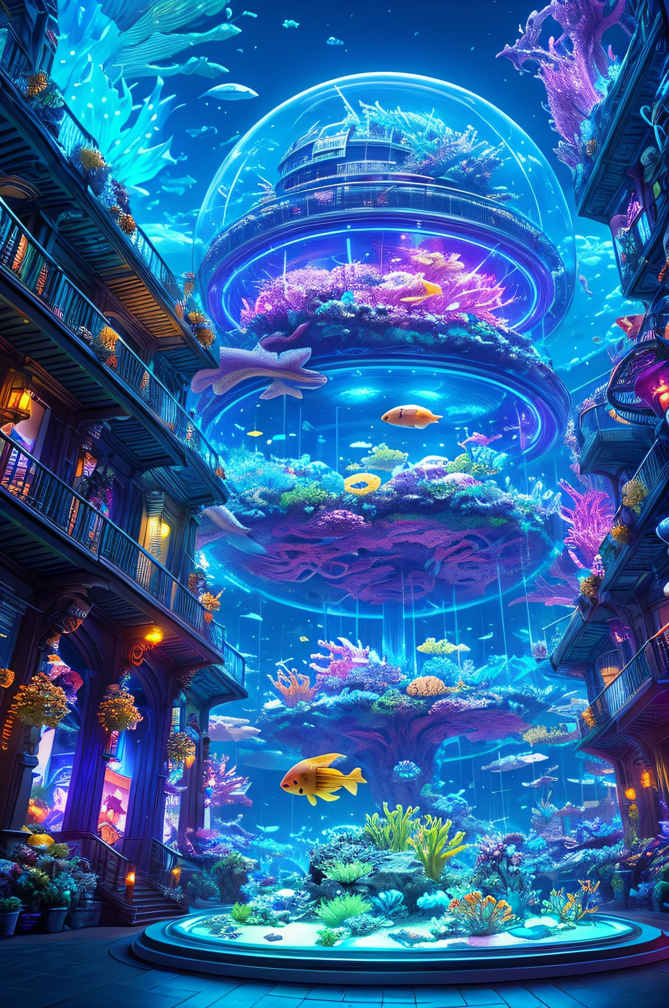 epic fantasy concept, a modern transparent building at night as a huge aquarium containing marine lifeforms, pretty colorful lights decorations, wide shot, 8k octane render, photorealistic, cinematic lighting, detailed building, detailed fish