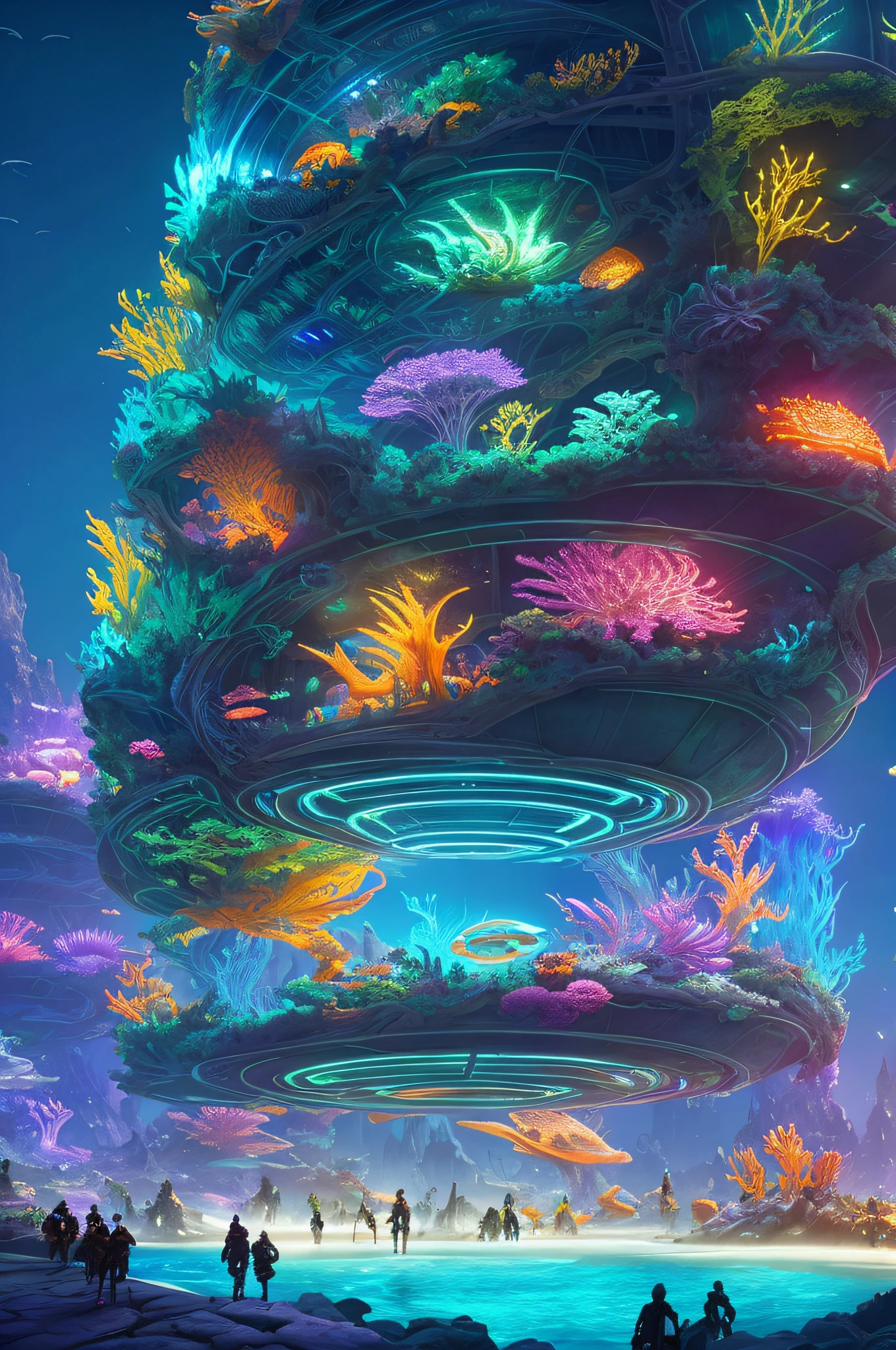 epic fantasy concept, a modern transparent building at night as a huge aquarium containing marine lifeforms, pretty colorful lights decorations, wide shot, 8k octane render, photorealistic, cinematic lighting, detailed building, detailed fish