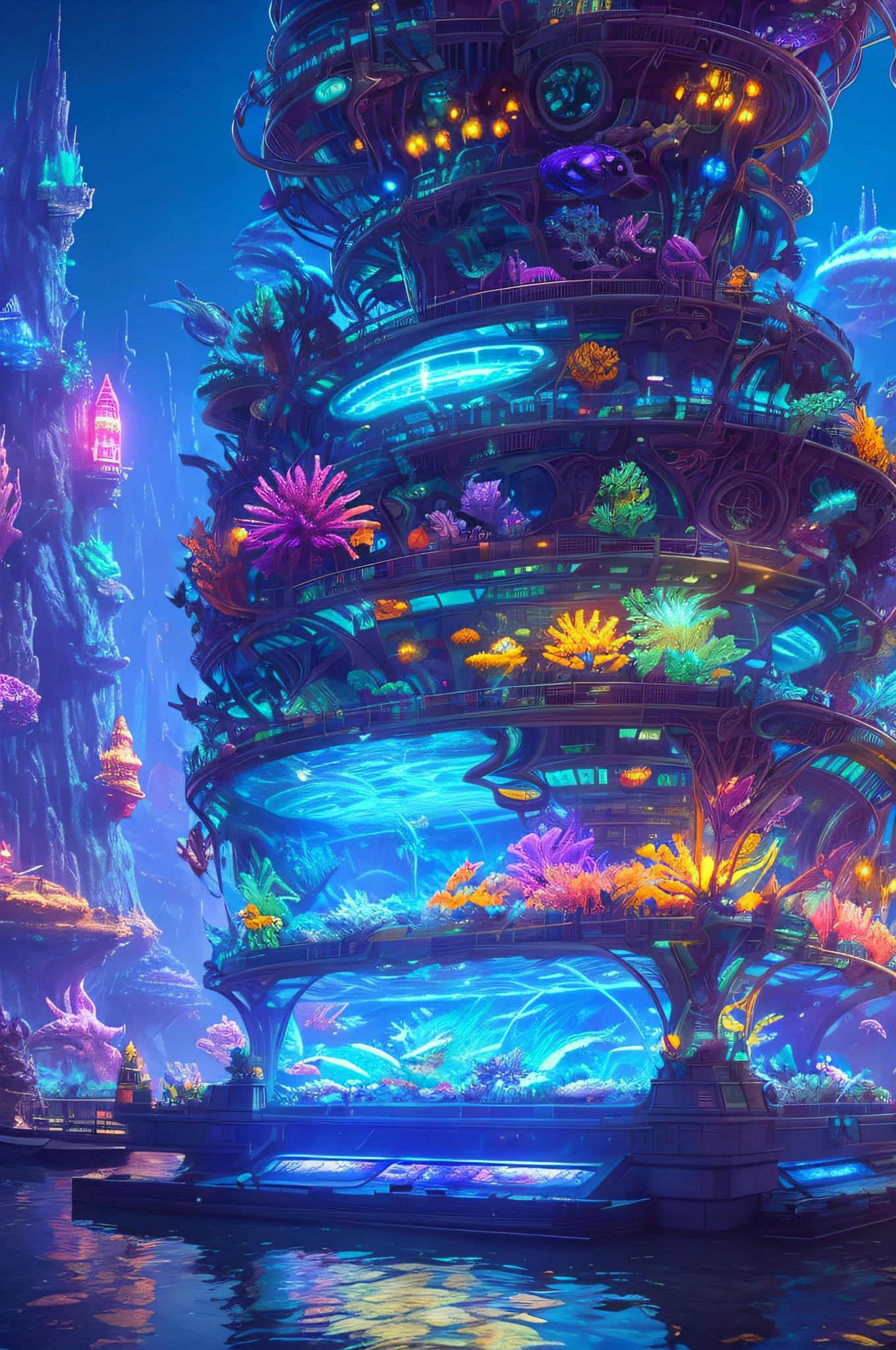 epic fantasy concept, a modern transparent building at night as a huge aquarium containing marine lifeforms, pretty colorful lights decorations, wide shot, 8k octane render, photorealistic, cinematic lighting, detailed building, detailed fish