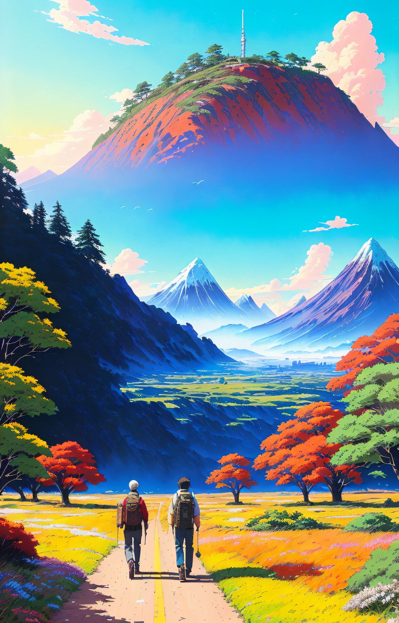 Realistic, real life, beautiful Stunning landscape oil painting with background by greg rutkowski, style of laurie greasley, studio ghibli, akira toriyama, james gilleard, genshin impact, trending pixiv fanbox, acrylic palette knife, 4k, (vibrant colors), (highly saturated), devinart, trending on artstation