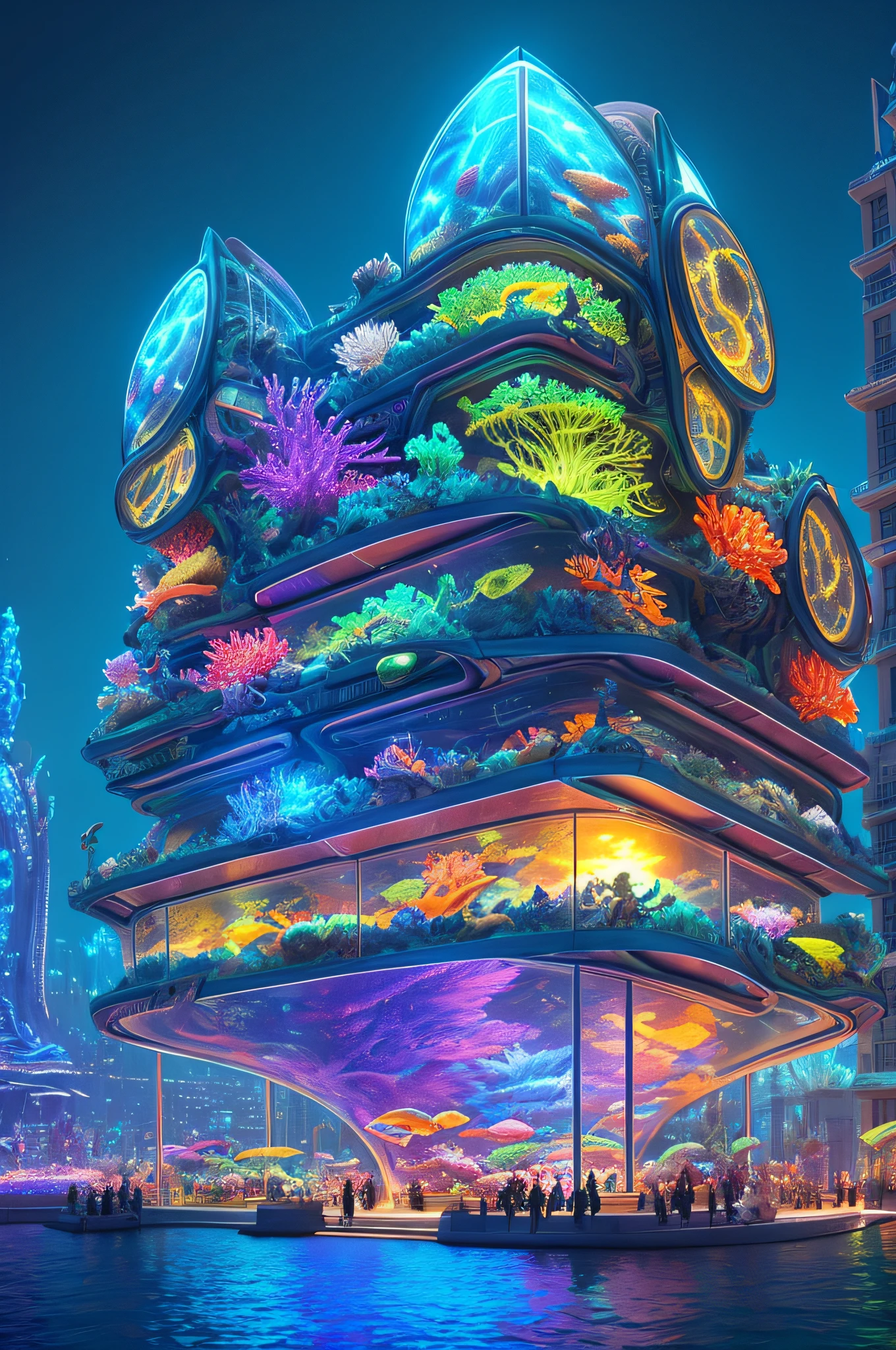 epic fantasy concept, a modern transparent building at night as a huge aquarium containing marine lifeforms, pretty colorful lights decorations, wide shot, 8k octane render, photorealistic, cinematic lighting, detailed building, detailed fish