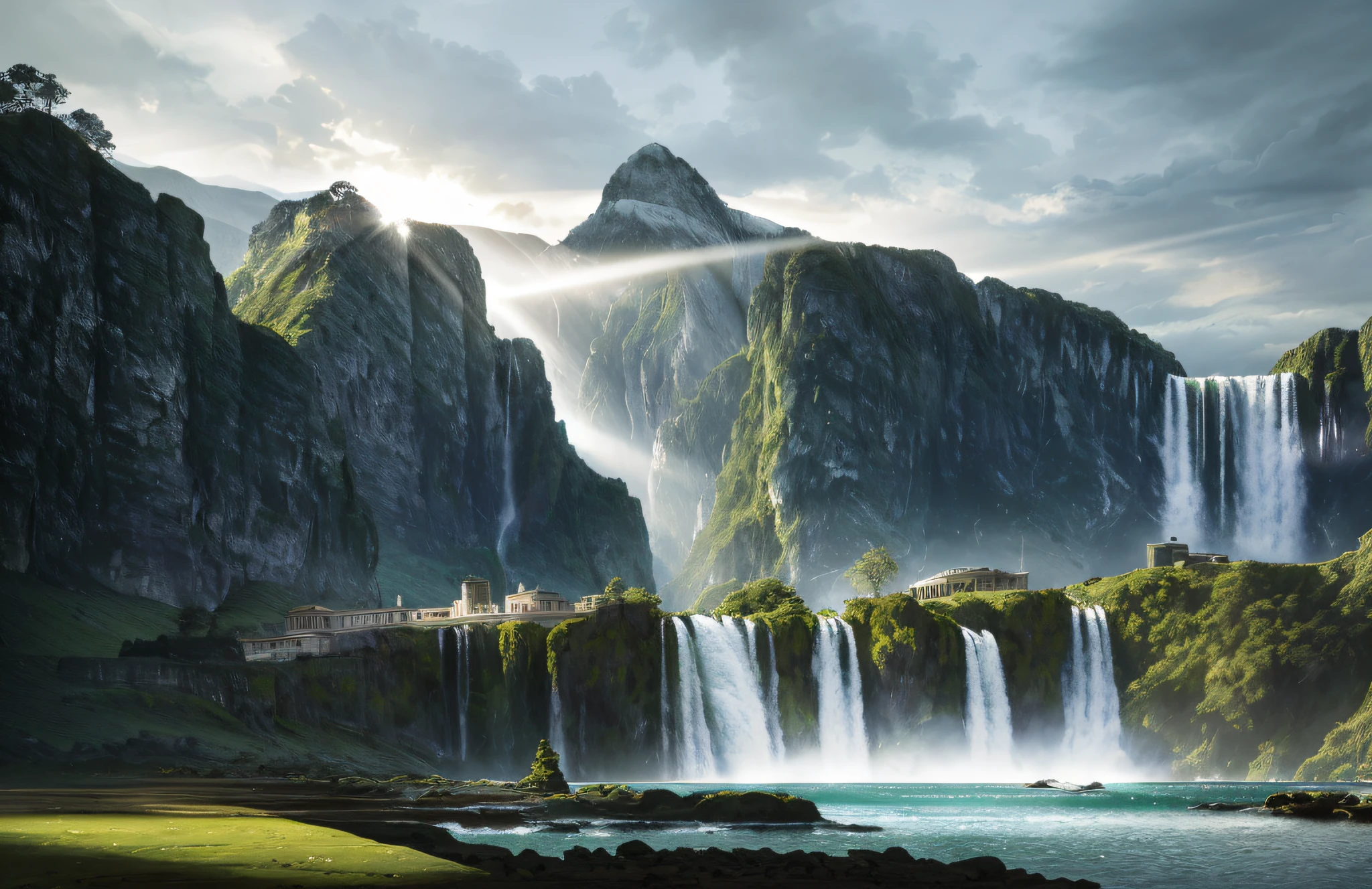 award winning photo of a beautiful landscape with a mountainous horizon, (light rays), ((waterfall)), magnificent, luxury, detailed, sharp focus, low angle, high detail, volumetric, illustration, cold lighting, by jeremy mann, by sandra chevrier, by dave mckean and richard avedon and maciej kuciara