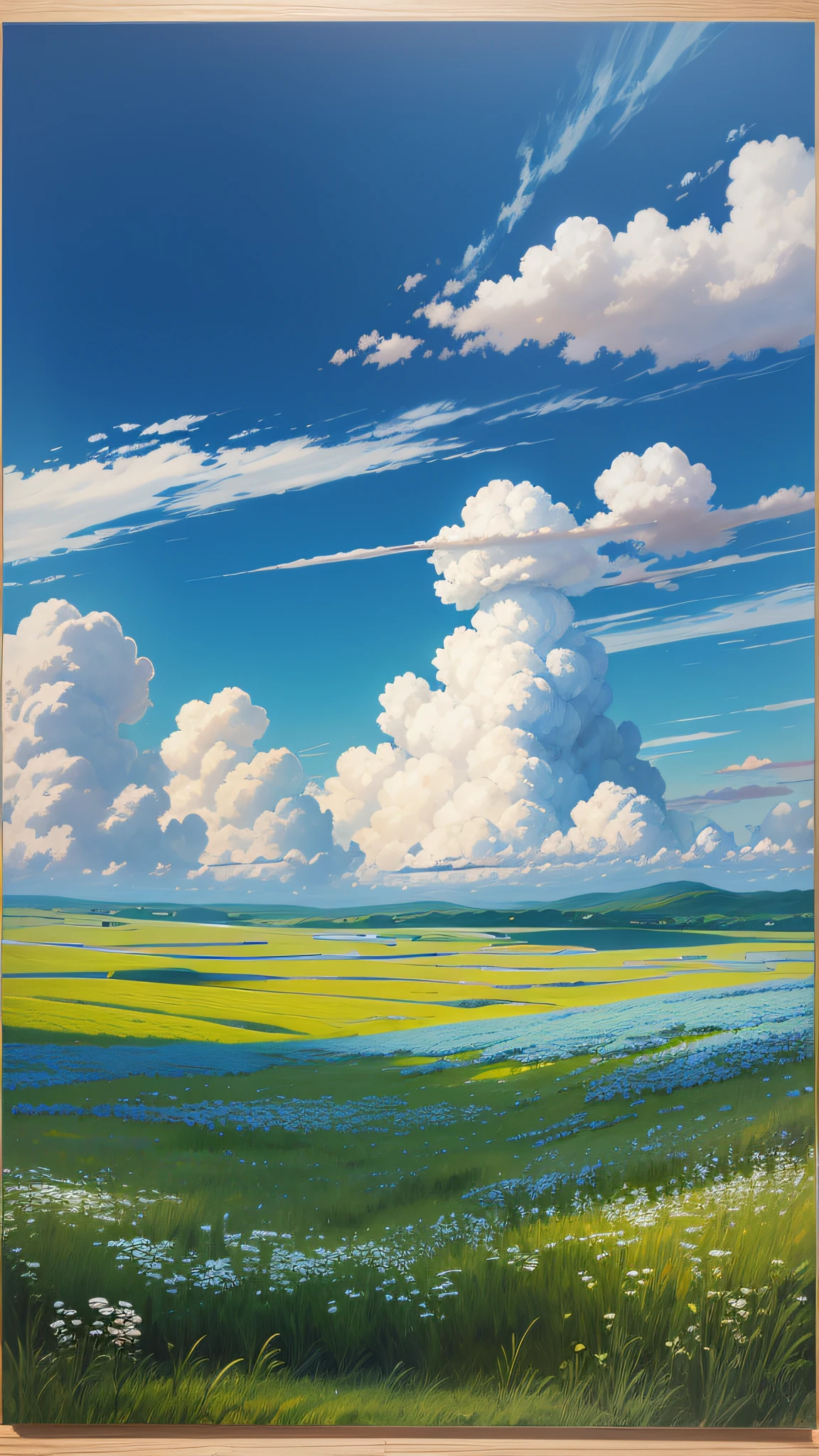 Realistic, authentic, beautiful and amazing landscape oil painting Studio Ghibli Hayao Miyazaki&#39;s petal grassland with blue sky and white clouds --v6