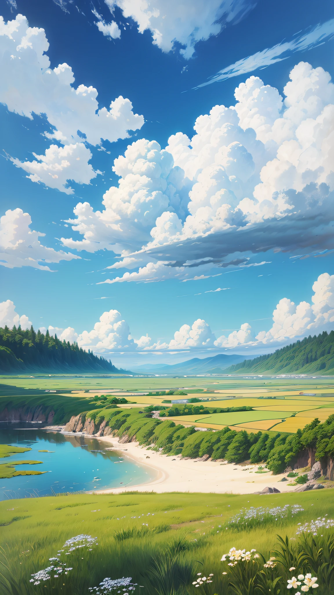 Realistic, authentic, beautiful and amazing landscape oil painting Studio Ghibli Hayao Miyazaki's petal grassland with blue sky and white clouds --v6