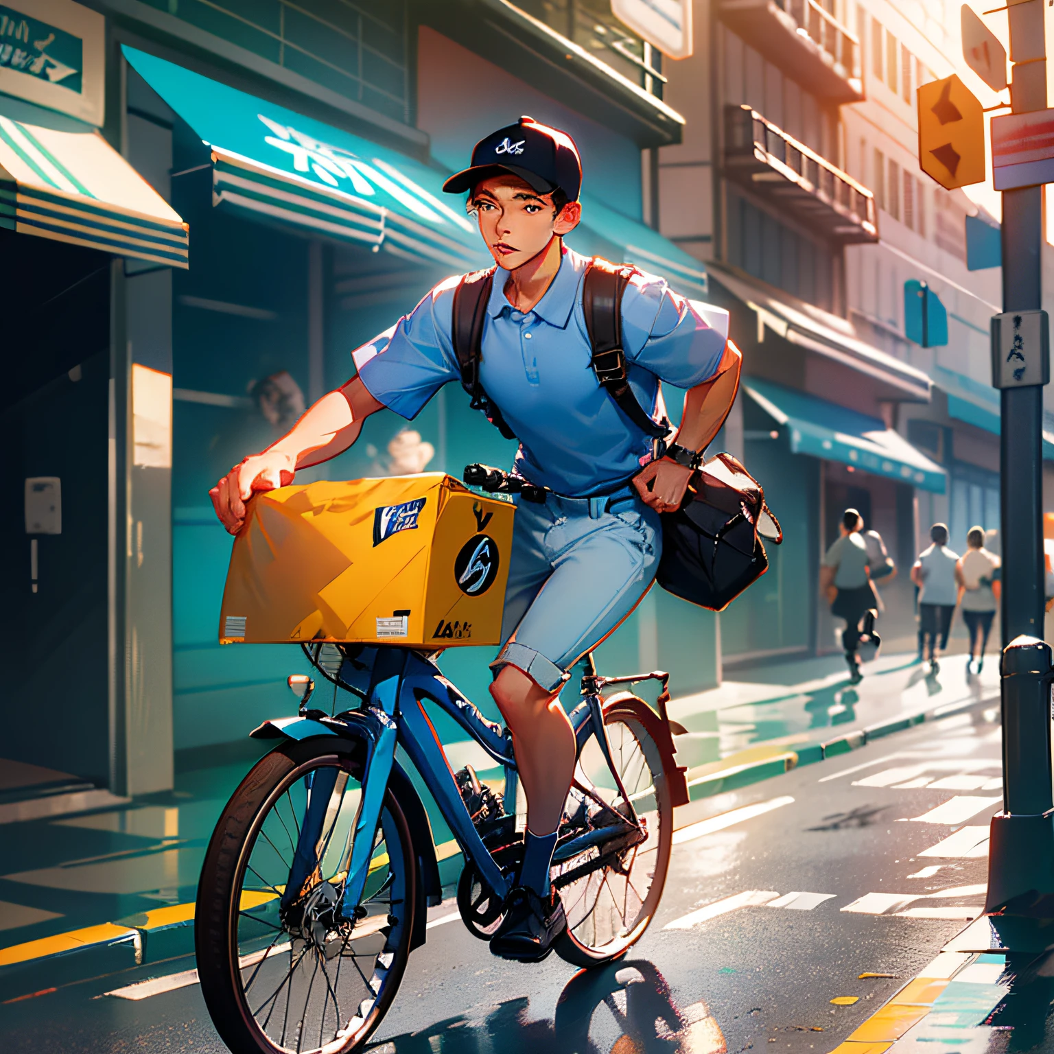 young man in a crowd, delivering a package, light blue deliveryman uniform with collared shirt, backpack, navy blue baseball cap, holding cardboard box, outdoors, urban environment, busy street, running, (determined expression), sense of urgency