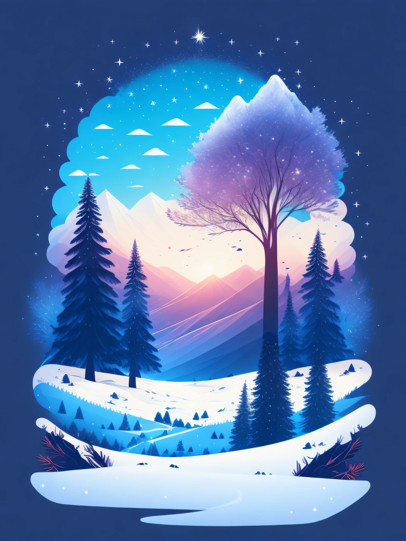 a spruice tree in a winter landscape, tshirt design, rzminjourney, vector-art