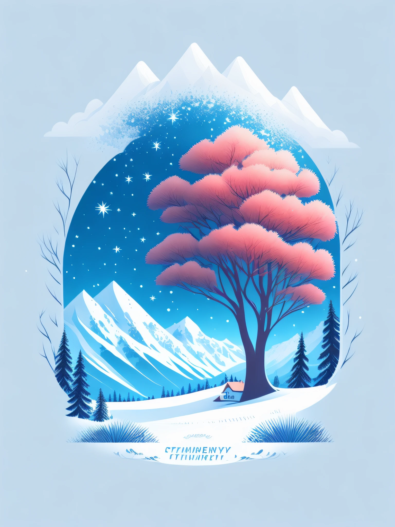 a spruice tree in a winter landscape, tshirt design, rzminjourney, vector-art