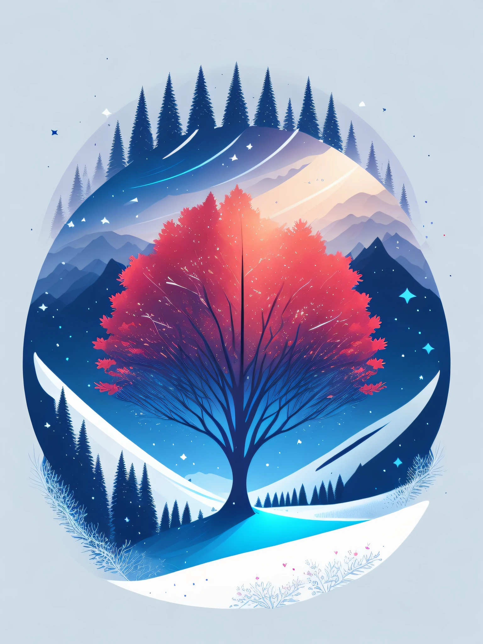 a spruice tree in a winter landscape, tshirt design, rzminjourney, vector-art