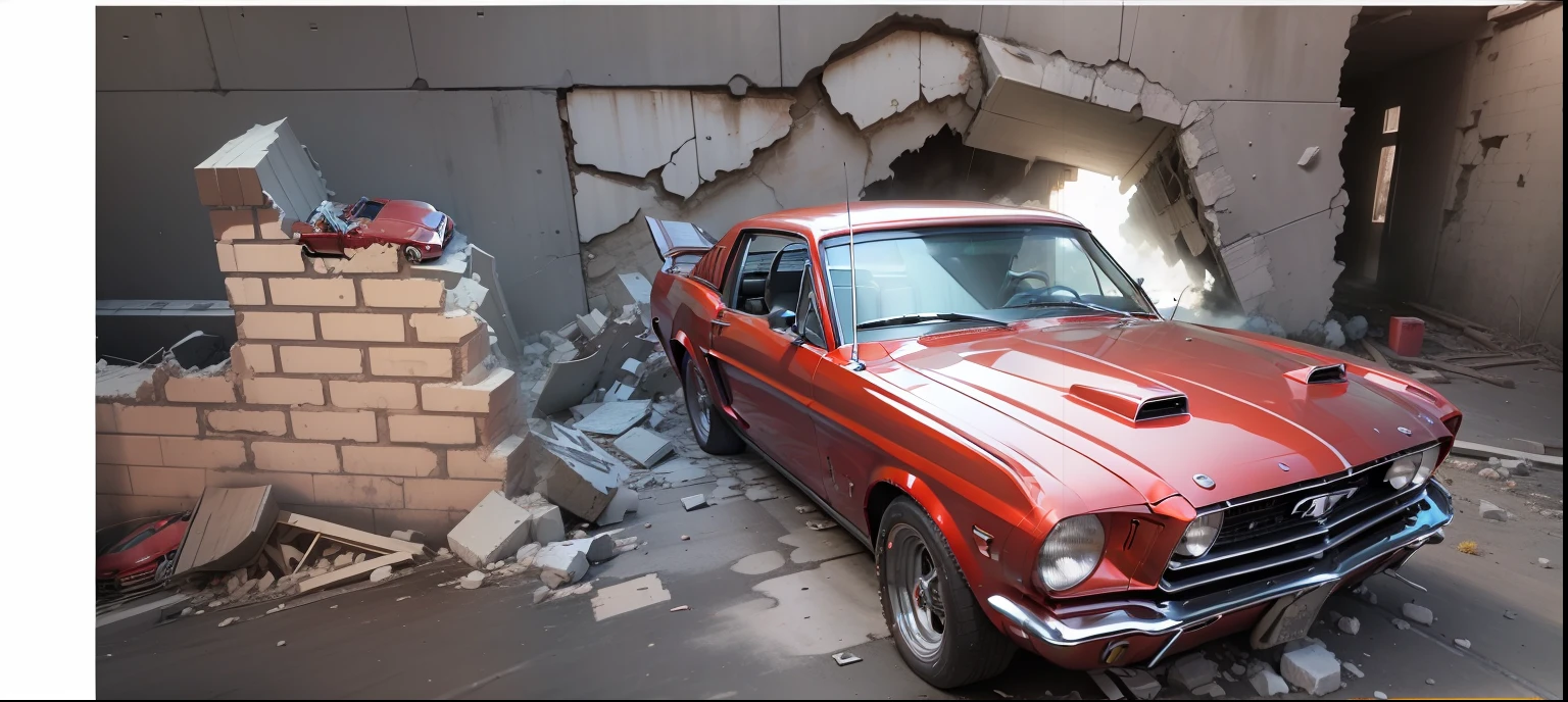 Mustang, a red car from 1967, crashes into a concrete and brick wall in an incredible 3D effect, while the wall is slowly destroyed by the impact."