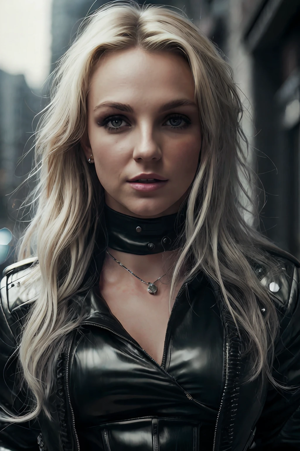 Photo BRITNEY SPEARS , blackout era,black hair, RAW, beautiful woman, (extra long wavy hair), ((portrait)), ((detailed face:1.2)), ((detailed facial features)), (finely detailed skin), pale skin, (dress,sexy, black, jacket, nsfwalto detailed), cyberpunk megacity environment, (cold colors), damp, damp, reflections, (masterpiece) (perfect proportion)(realistic photo)(best quality) (detailed) photographed on a Canon EOS R5, 50mm lens, F/2.8, HDR, (8k) (wallpaper) (cinematic lighting) (dramatic lighting) (sharp focus) (intricate)