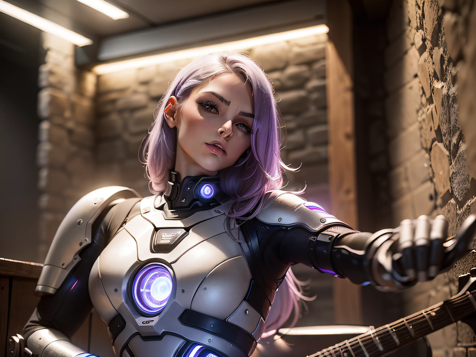 (Woman Cybortech Futuristic: 1.3), in an old basement dimly lit, (playing guitar: 1.2), stone floor, wooden walls, (Futurism: 1.1),Reflection light, (aperture of diaphragm f1.8: f / 1.8), (super high resolution: 16K)
