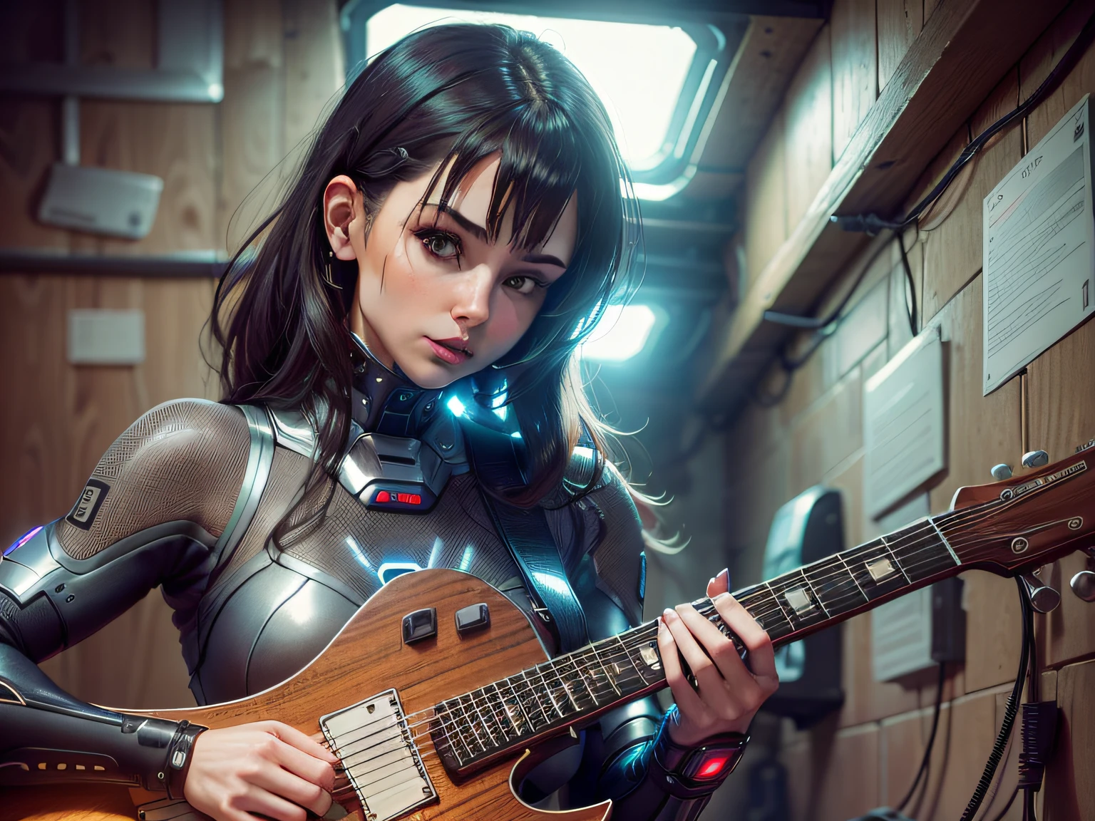 (Woman Cybortech Futuristic: 1.3), in an old basement dimly lit, (playing guitar: 1.2), stone floor, wooden walls, (Futurism: 1.1),Reflection light, (aperture of diaphragm f1.8: f / 1.8), (super high resolution: 16K)