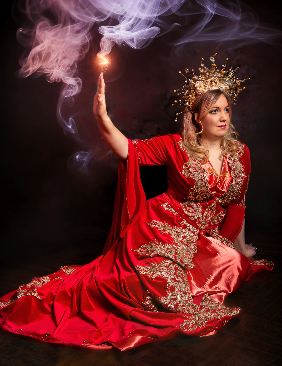 RAW photo, analog , light effects , nikon d850 film stock photograph, sharp focus, fantasy, magic, sorcery, 8k uhd,high quality, highres, trending on artstation, cgsociety, deviantart, art by greg rutkowski, artgerm, Ruan jia, wonderful woman, in the Studio, sorceress, the smoke comes out of her hand, star fireball over her fingers, the smoke with light effects , the smoke is spreading over the sorceress's head, elegant woman wearing red ornate dress with golden lace, professional studio lighting, extremely detailed blonde wavy hair, shiny sharp hair, messy hair over shoulders,long hair, gorgeous hair, Ornate Luxury Dress, Lace fashion dress, hyper realistic lifelike texture hairstyle, beautiful shaded, extremely detailed , fine detail , a photorealistic extremely detailed natural texture, realistic shaded, background is a textured wall, photo realistic, extremely detailed, gradient light background, beautiful breasts, beautiful shoulders , ,simple black background beautiful composition, harmonious composition, beautiful portrait,