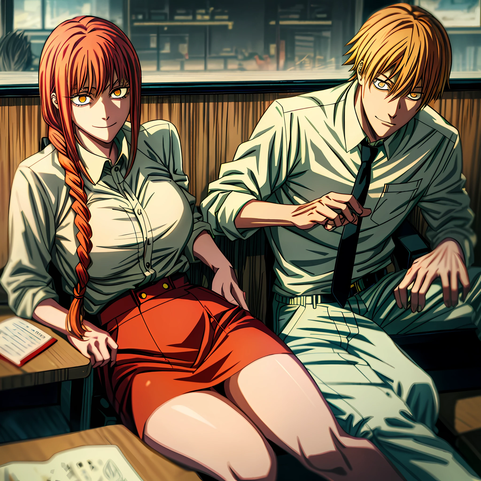 best quality, insanely detailed,1girl,1boy, sitting,in-flight and and (1boy:1.4) BLOND HAIR, denji \(chainsaw man\),and 1gir,makima \(chainsaw man\), best quality, ultra detailed, 1girl, , standing, red hair, long braided hair, golden eyes, bangs,, large boobs, stare, smile, (evil:1.2),, makima \(chainsaw man\)