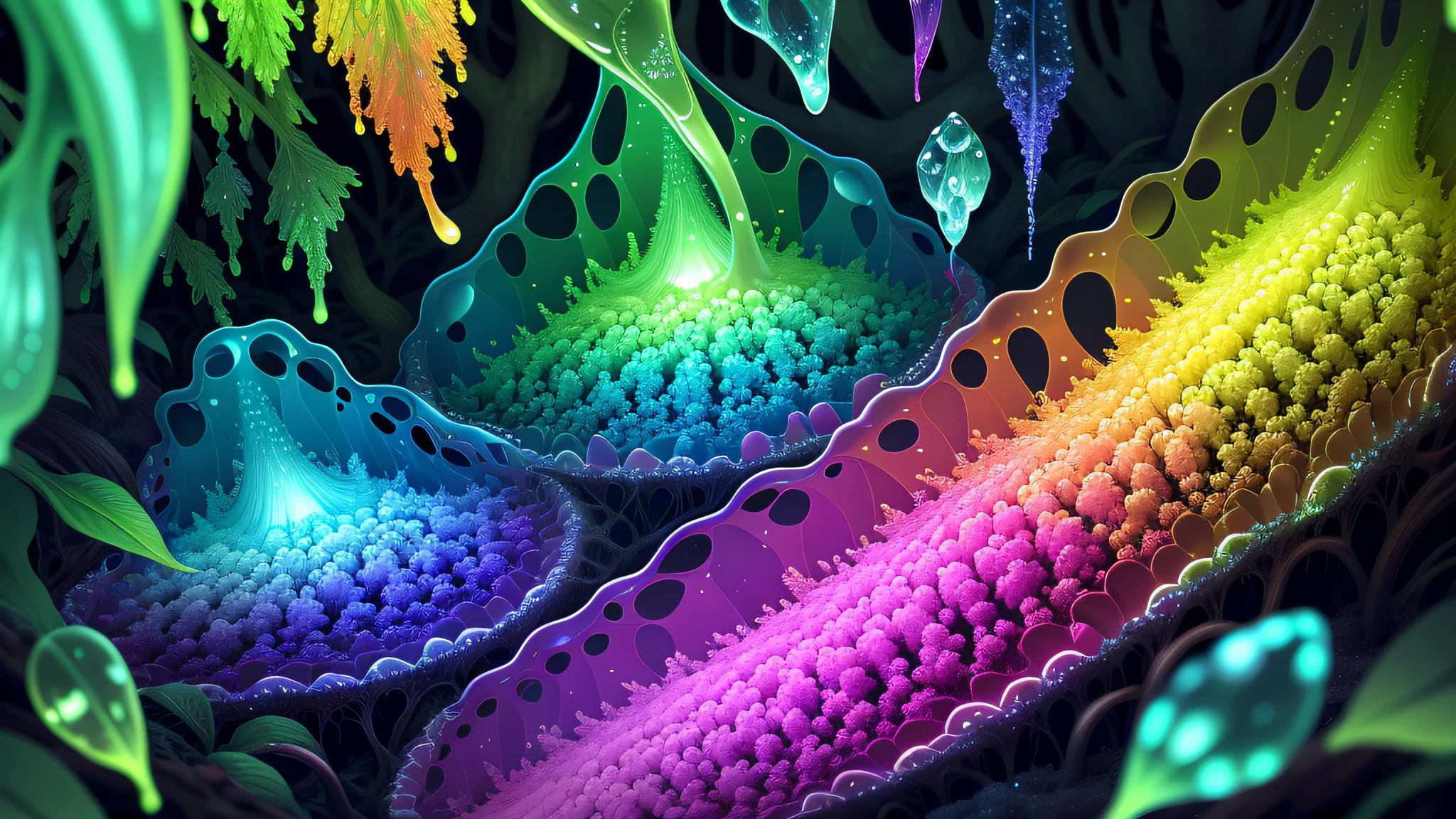 strange mycosis lush forest, transparent goo, caustics, crystals, close-up, intricate details, dark background, sparkling spores, rainbow crystals, dark