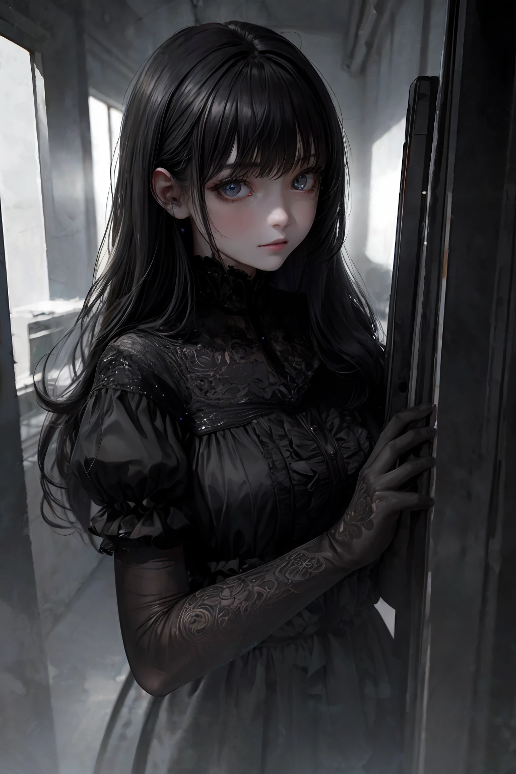 ((masterpiece, best quality, ultra-detailed, high-resolution)), solo, beautiful girl, gleaming eye, perfect eye, age 15, dark theme,