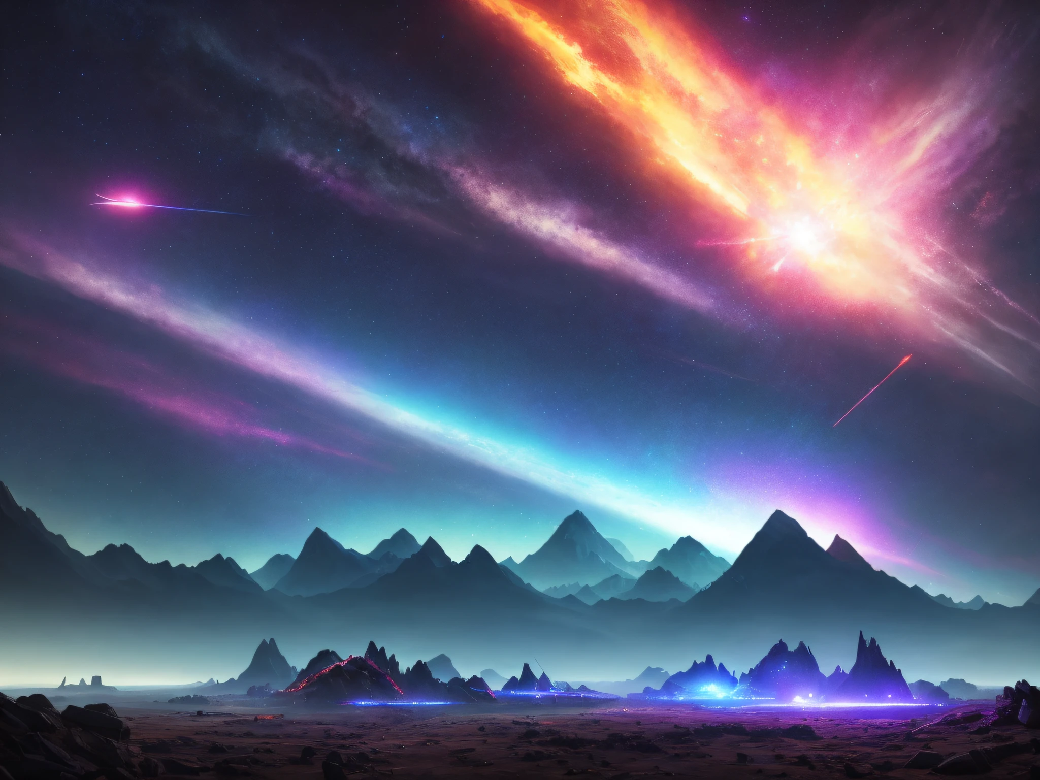 ChromaV5:1.6, nvinkpunk, Style, An amazing alien mountain full of luminous hyper bright meteors, surrounded by bright fireflies radiating light, perfect lighting, by greg rutkowski, octane render, scene 4k, trend in artstation, no man sky, galaxy