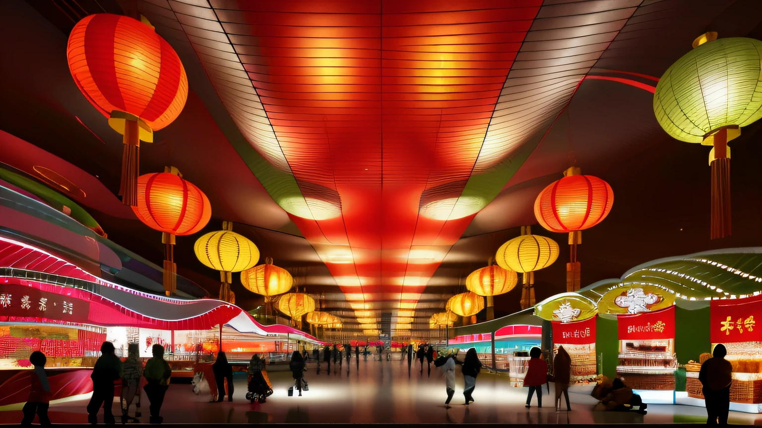 his is a 3D rendering of the front view of a two-story food court that is approximately 20 meters long. At night, the brightly lit space evokes the festive and lively atmosphere of Chinese New Year. The walls are decorated with corn cobs, lanterns, and farming tools. The color scheme is clean and bright