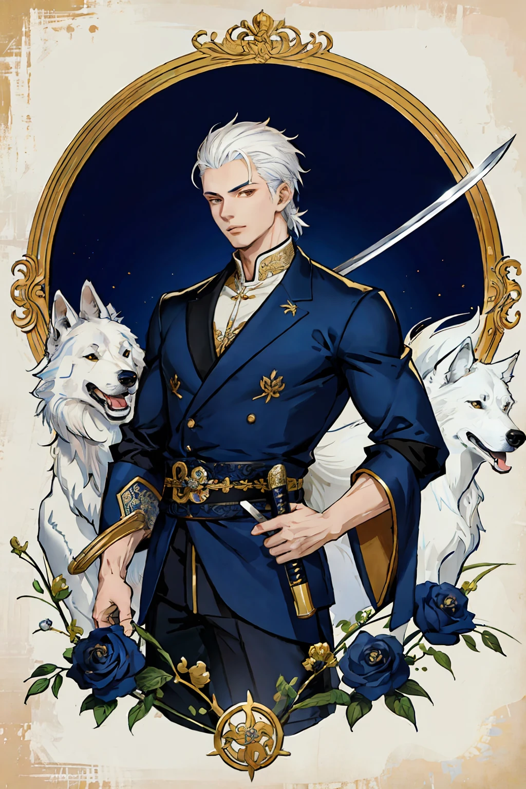 (best quality), detailed background, oriental noble man, boy with white hair and navy blue clothing with gold details, and wolf symbol on clothing, holding a sword, and sculpted muscles