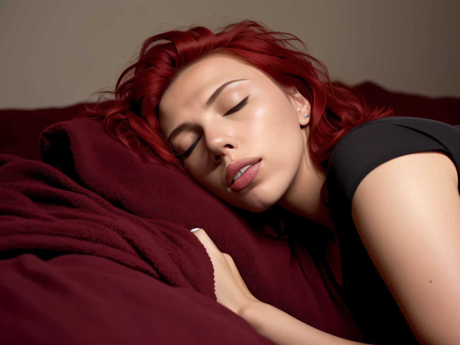 scarlet johansson,sleeping,open mouth,eyes almost closed,lifeless,lying on bed,head up,nape on pillow,black widow dress,red hair, hair stuck,bloody dirty laundry,