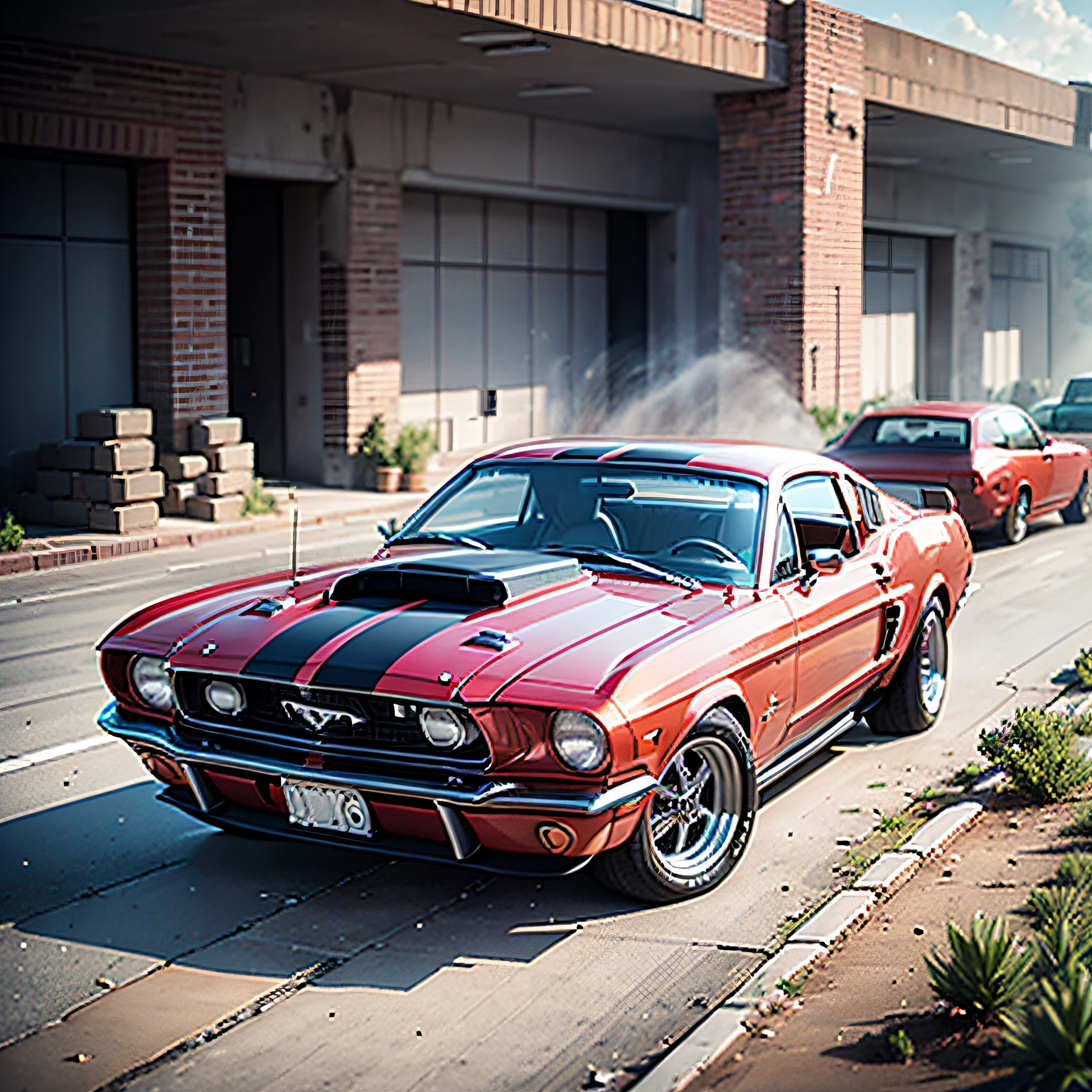 A CAR, MUSTANG, RED COLOR, YEAR 1967, COLLIDES WITH A WALL OF CONCRETE AND BRICKS --auto --s2