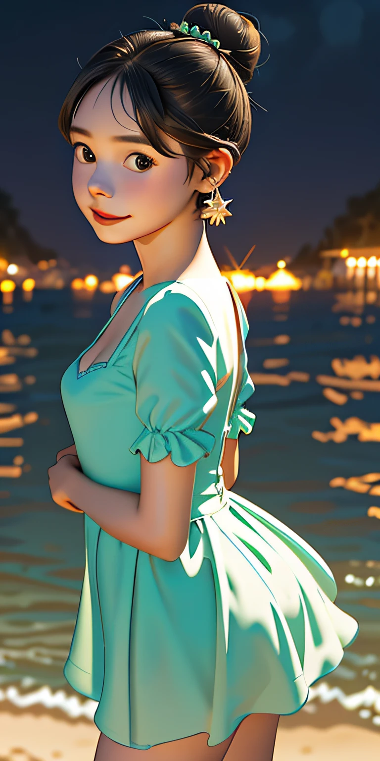 (best quality, masterpiece), 1girl, happy, princess dress, cleavage, standing, sticking out butt, looking at the viewer, blurred background, earrings, hair bun, night, beach, sea