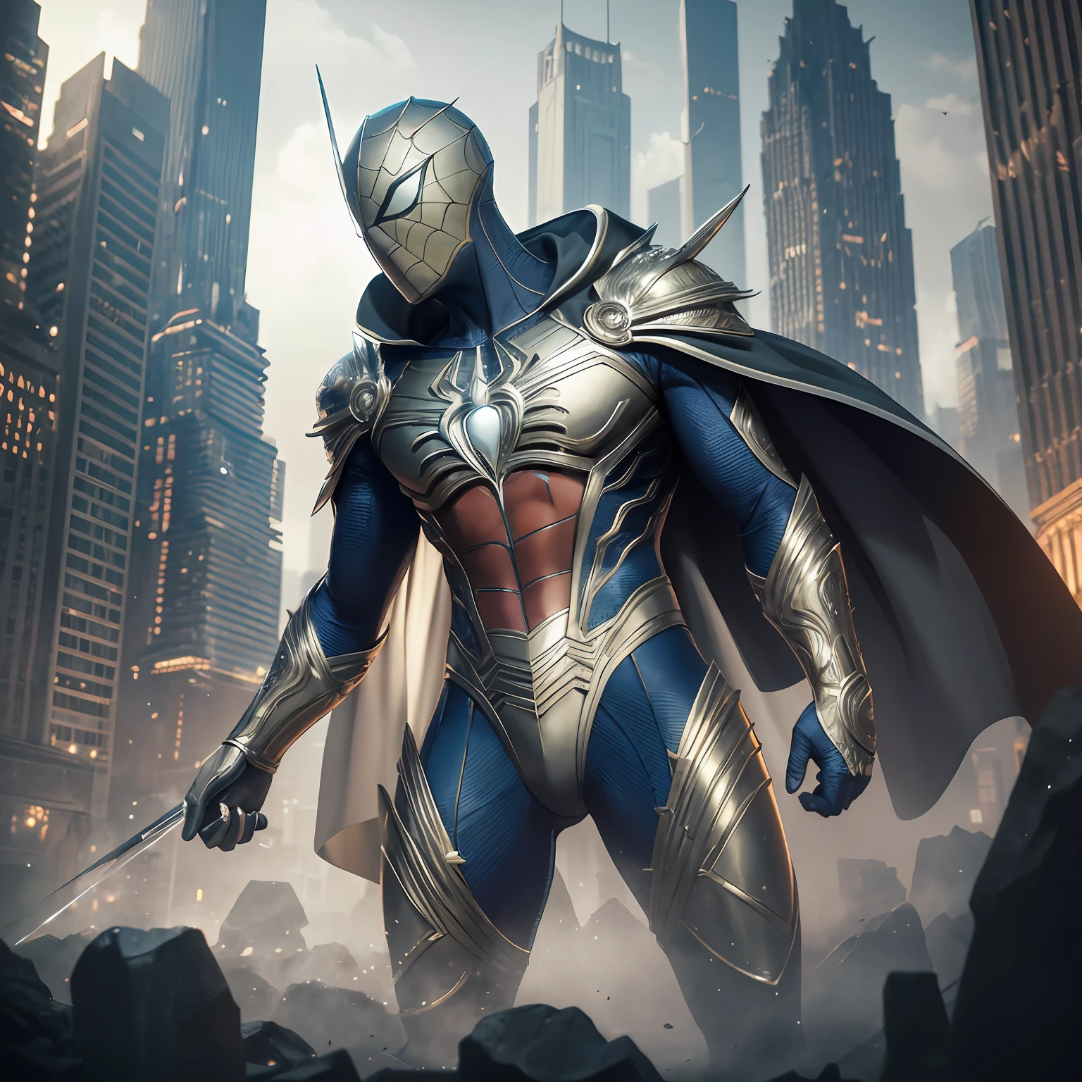 full body shot of spiderman in white and gold armour style suit, no mask on, white cape, looking at center camera, perfect composition, beautiful detailed intricate insanely detailed octane render trending on artstation, 8 k artistic photography, photorealistic concept art, soft natural volumetric cinematic perfect light, chiaroscuro, award - winning photograph, masterpiece, oil on canvas, raphael, caravaggio, greg rutkowski, beeple, beksinski, giger, trending on artstation, sharp focus, studio photo, intricate details, highly detailed, night city background, by greg rutkowski