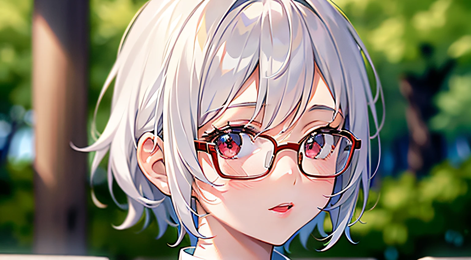 masterpiece , a girl, in park, ( lite white short hair:1.2), (red eyes:1.2), (uniform:1.2), (looks at the viewer:1.2) , (8k, best quality 1.2), ultra-detailed, 8k uhd, soft lighting, high quality, film grain, beautiful lighting, cinematic ,perfect body , best illumination, best shadow, sharpness, contrast, red glasses, blush, children, full body