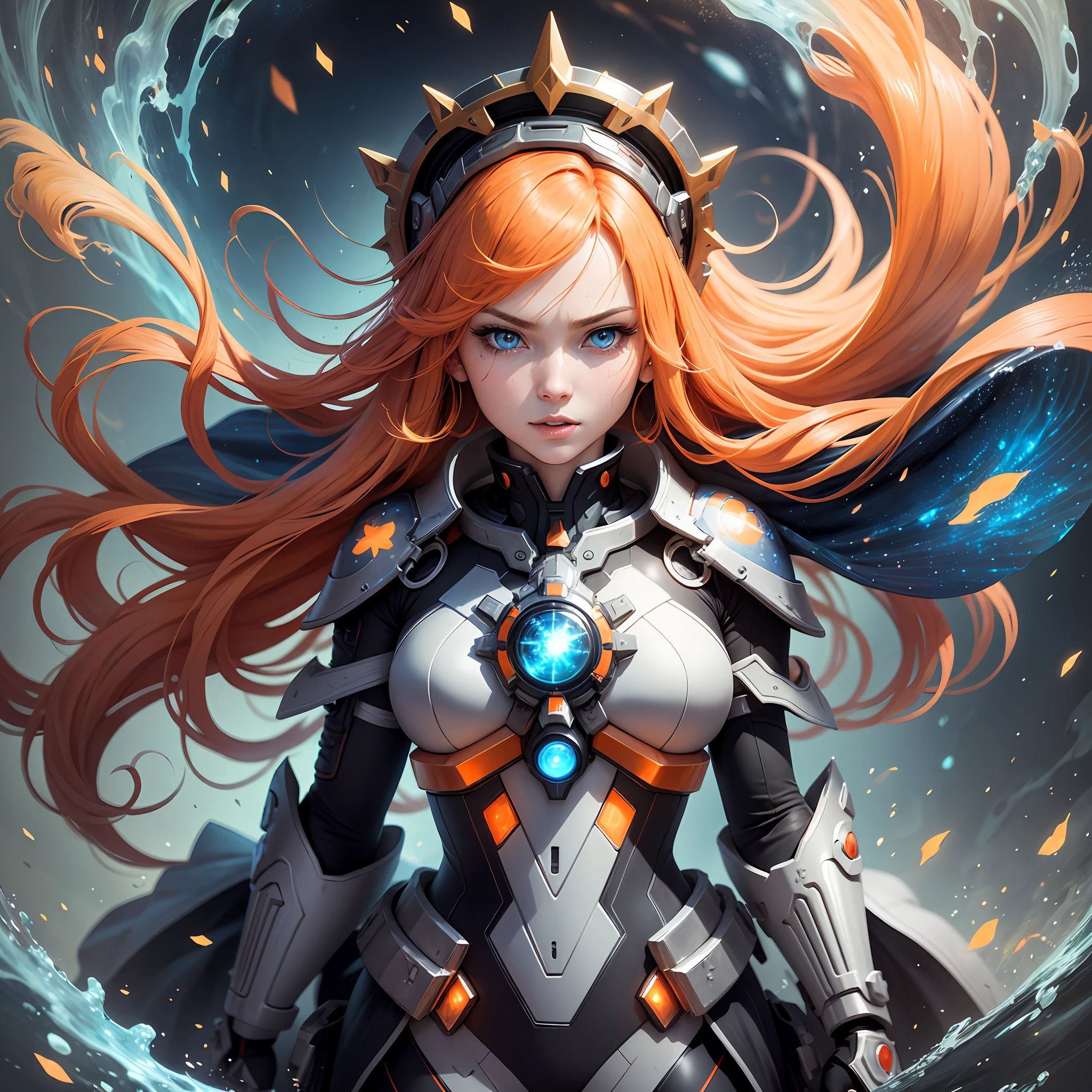 22 angle: woman whipping her long orange hair, underwater. Nebula-colors damascus-patterned body armor. (celestial face) lovely face, human face, beautiful face, blue-eyes, full-lips. official artwork, ingame image, her, battroid mode. Art by Yoshiyuki Sadamoto, Kentaro Yabuki, Lisa Frank, and Majiko!