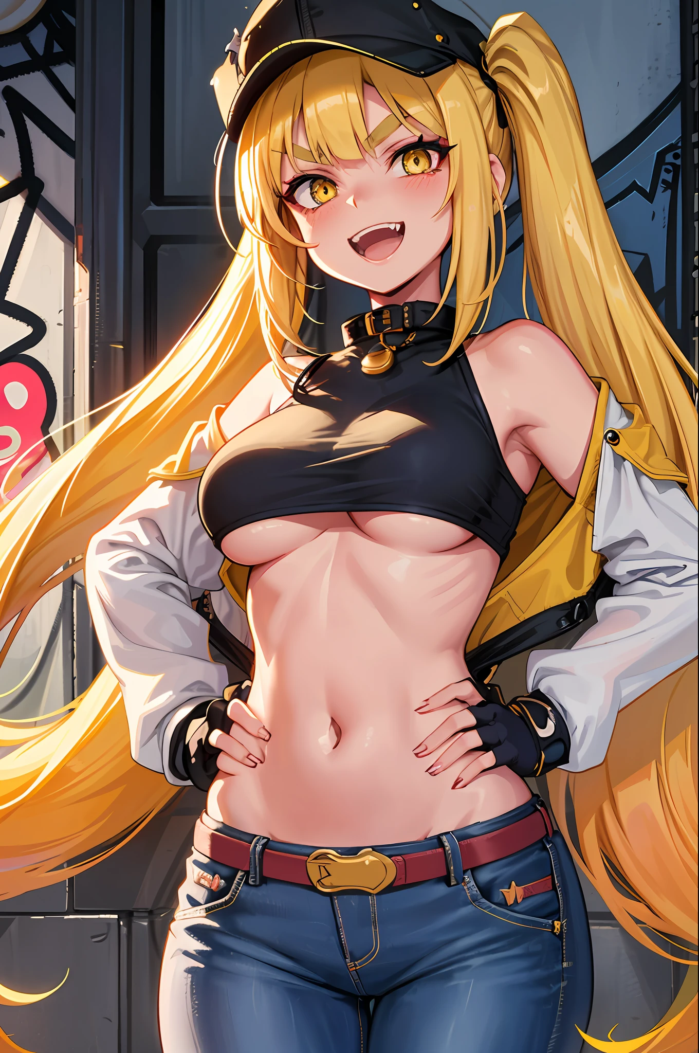 Original Character, Volumetric Lighting, Best Shadows, Shallow Depth of Field, Portrait Of Stunningly Beautiful Girl, Petite, Delicate Beautiful Attractive Face With Alluring Yellow Eyes, Messy Painted Face, Sharp Eyebrows, Broadly Smiling, Open Mouth, Fangs Out, Lovely Medium Breasts, Layered Long Twintail Blond Hair, Blush Eyeshadow, Thick Eyelashes, Applejack Hat, Oversized Pop Jacket, Mini Underboob Tee, Open Navel, Slim Waist, Denim Jeans Pants, With Buckle Belt, In The Graffiti Alley, Waste Container, Outside Stairs, Outdoor Unit, Holding Spray Paint Can, Standing, (Highest Quality, Amazing Details:1.25), (Solo:1.3), Brilliant Colorful Paintings