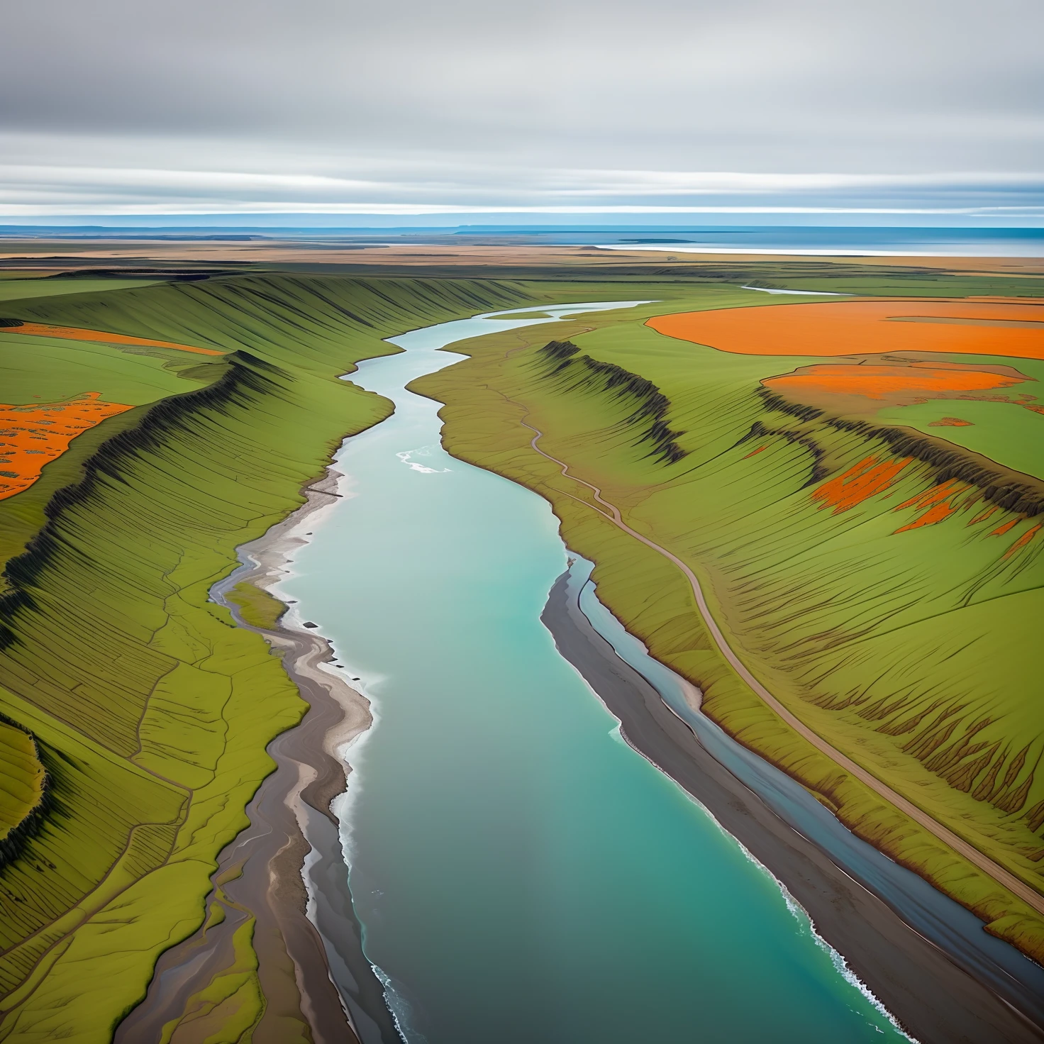 aerial view of a water gully in iceland, in the style of photorealist painter, light turquoise and dark orange, nature-inspired motifs, hyperrealistic paintings, flickr, nature-inspired installations, extremely detailed art