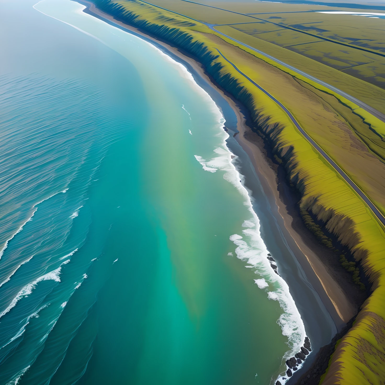 aerial view of a water gully in iceland, in the style of photorealist painter, light turquoise and dark orange, nature-inspired motifs, hyperrealistic paintings, flickr, nature-inspired installations, extremely detailed art