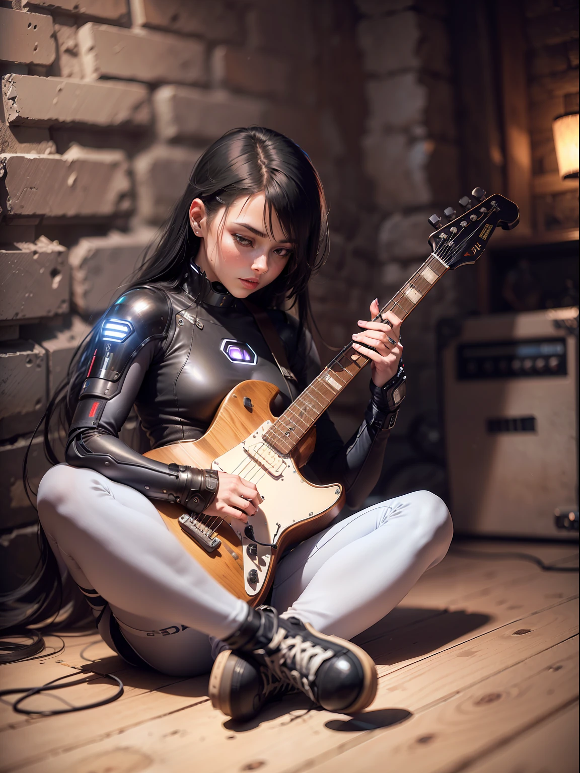(Woman Cybortech Futuristic: 1.3), in an old basement dimly lit, (playing guitar: 1.2), stone floor, wooden walls, (Futurism: 1.1),Reflection light, (aperture of diaphragm f1.8: f / 1.8), (super high resolution: 16K)
