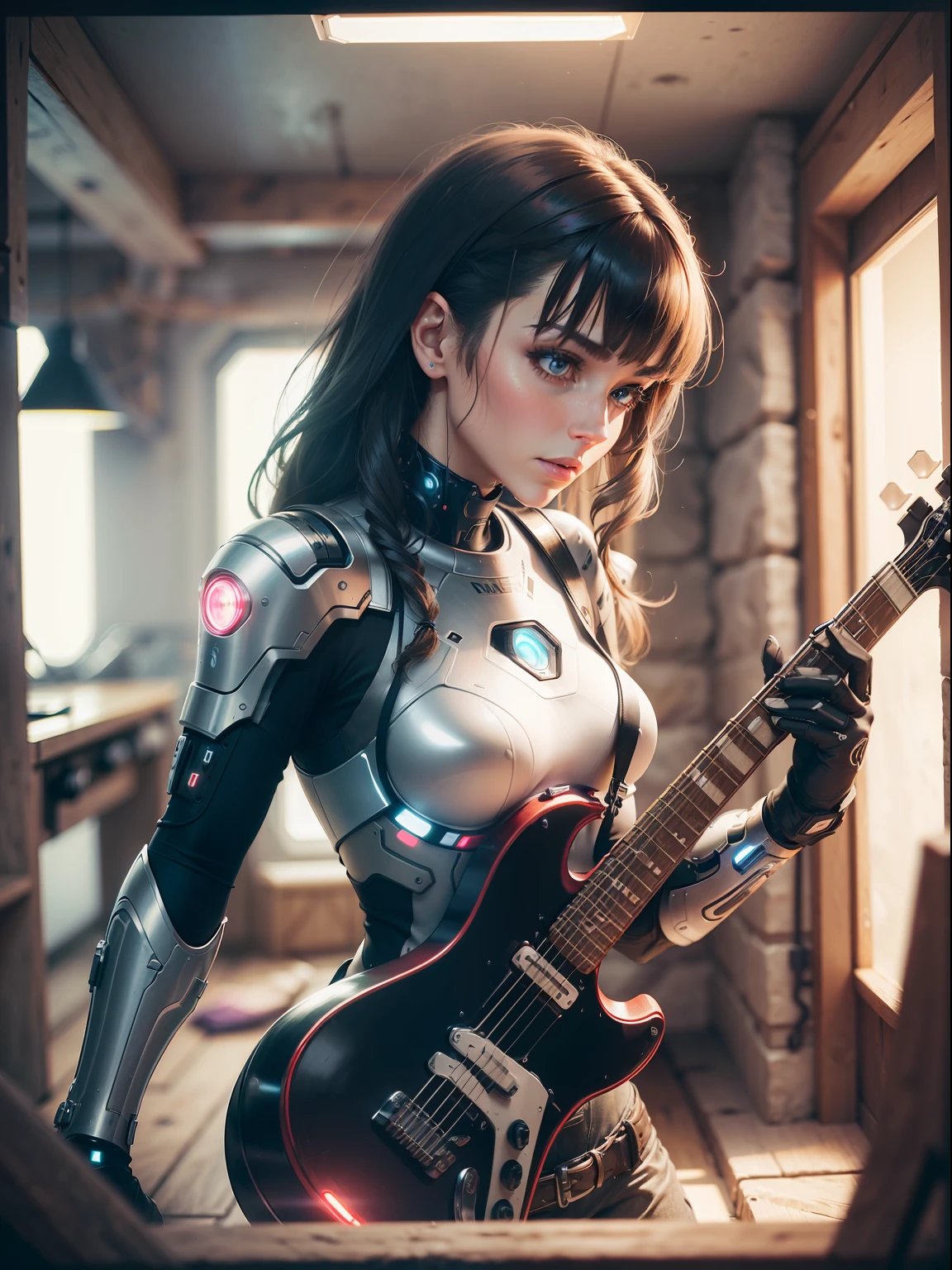 (Woman Cybortech Futuristic: 1.3), in an old basement dimly lit, (playing guitar: 1.2), stone floor, wooden walls, (Futurism: 1.1),Reflection light, (aperture of diaphragm f1.8: f / 1.8), (super high resolution: 16K)