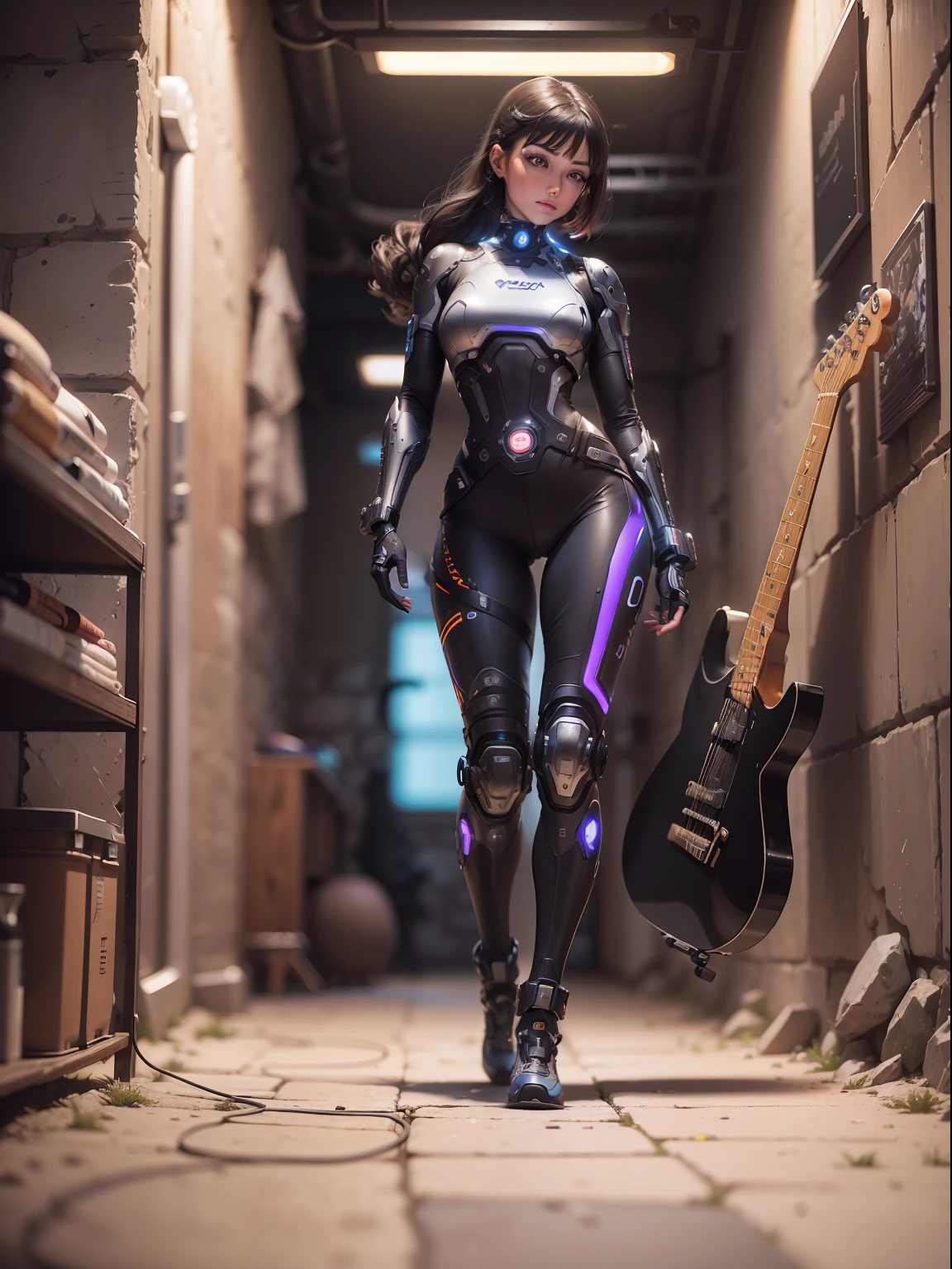 (Woman Cybortech Futuristic: 1.3), in an old basement dimly lit, (playing guitar: 1.2), stone floor, wooden walls, (Futurism: 1.1),Reflection light, (aperture of diaphragm f1.8: f / 1.8), (super high resolution: 16K)