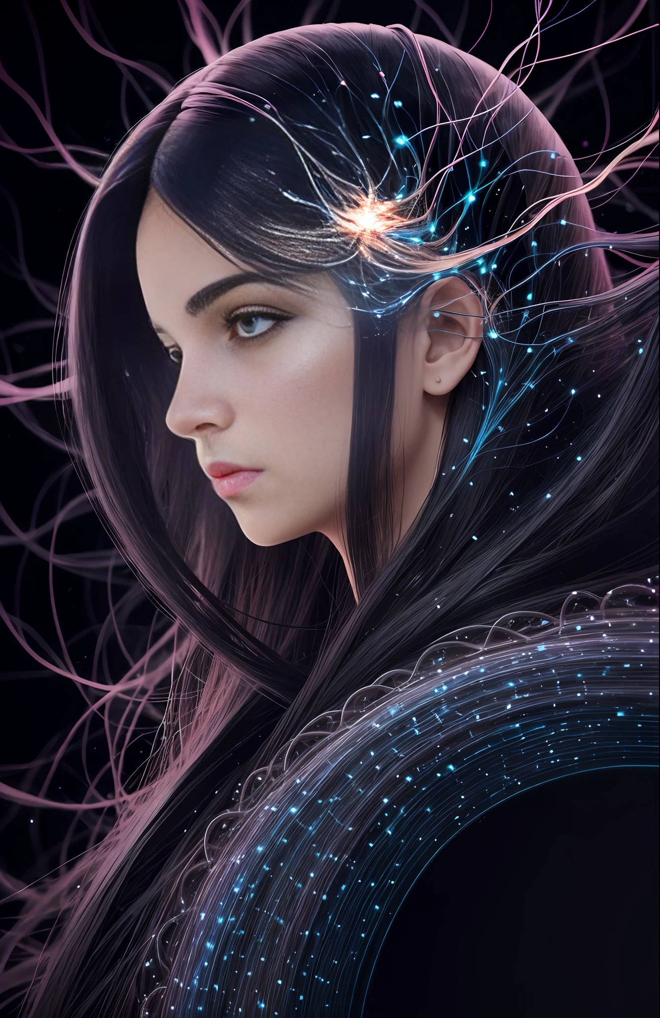 side portrait of women in black background who her hair surrounded by neurons