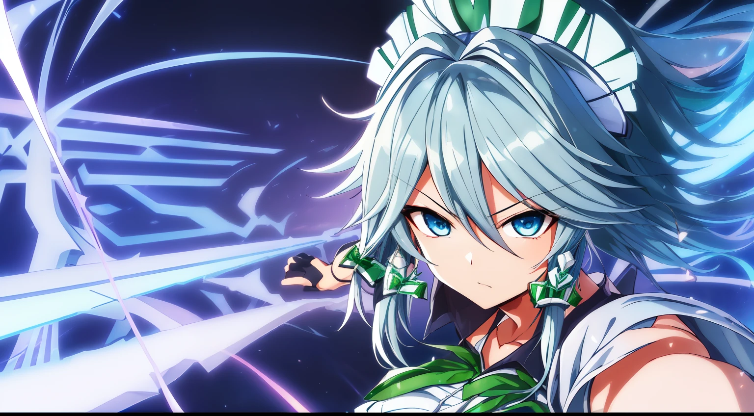 (Maximum level: 2.0) . (((detailed quality (unlimited): 1.0) anime, manga) auto-resolution), (Absurd: 2.0) . Female ((((Sakuya Izayoi)))), see the body, silver hair, short hair, blue eyes, magic effect . (coarser line) (black line) (homogeneous rendering: 1.3)