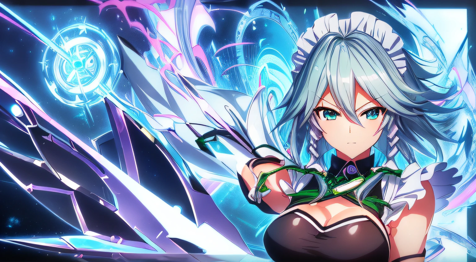 (Maximum level: 2.0) . (((detailed quality (unlimited): 1.0) anime, manga) auto-resolution), (Absurd: 2.0) . Female ((((Sakuya Izayoi)))), see the body, silver hair, short hair, blue eyes, magic effect . (coarser line) (black line) (homogeneous rendering: 1.3)